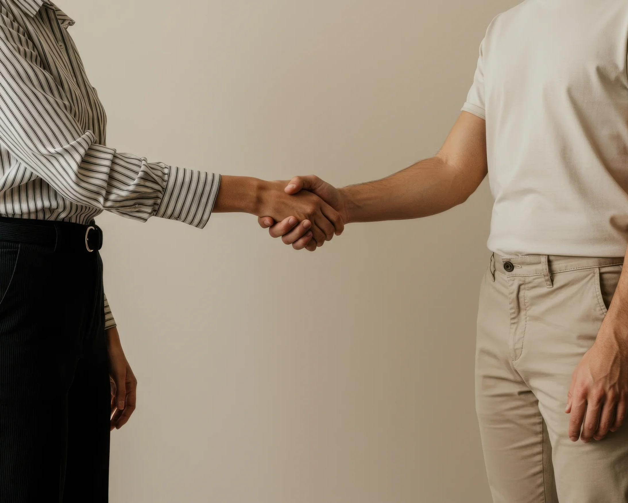 Two people shaking hands, partially visible, one in a striped shirt and the other in a white T-shirt and beige pants.