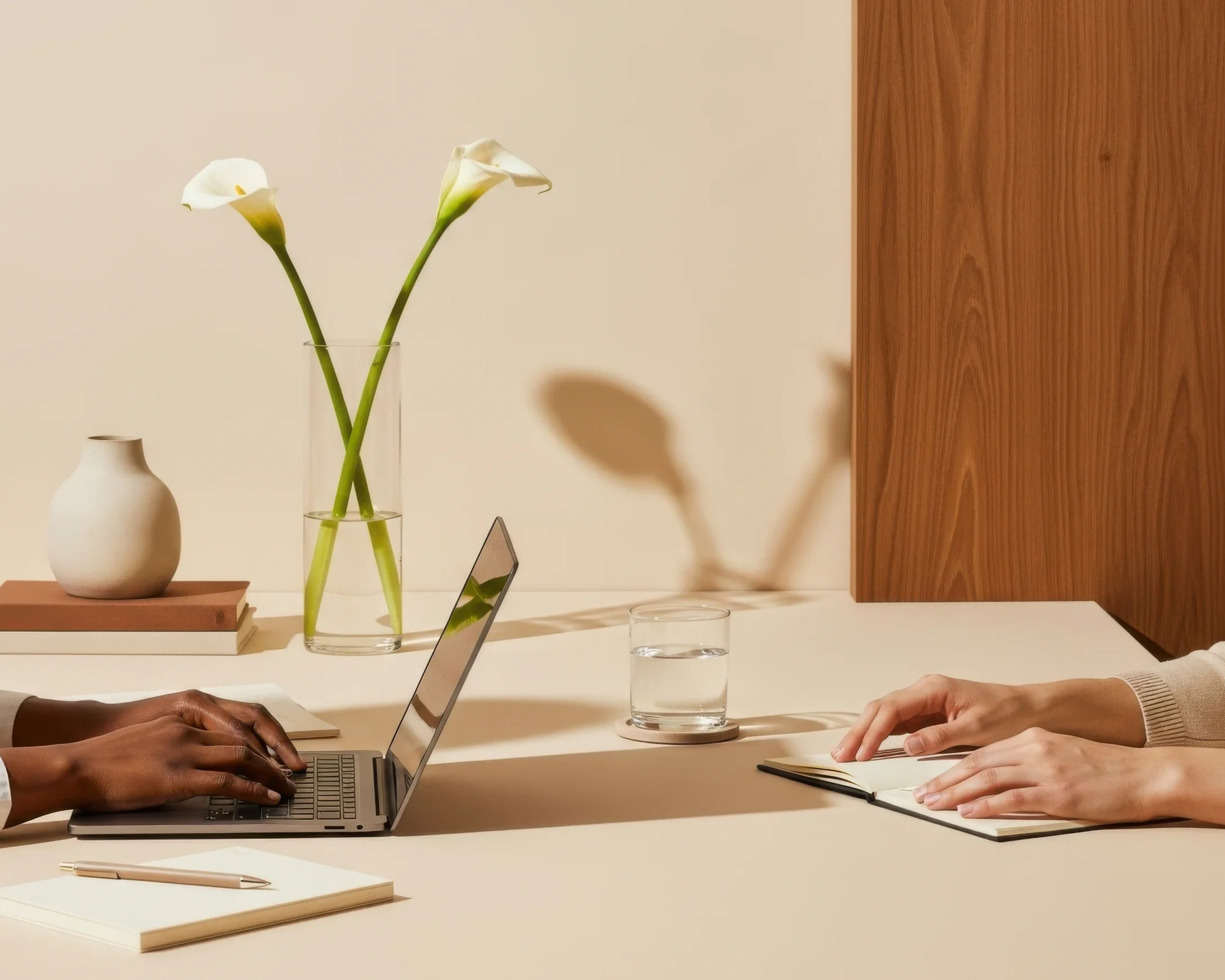 Two people sitting at a table working on laptops, with notebooks and glasses of water, in a modern office setting with minimalist decor and a wooden partition.