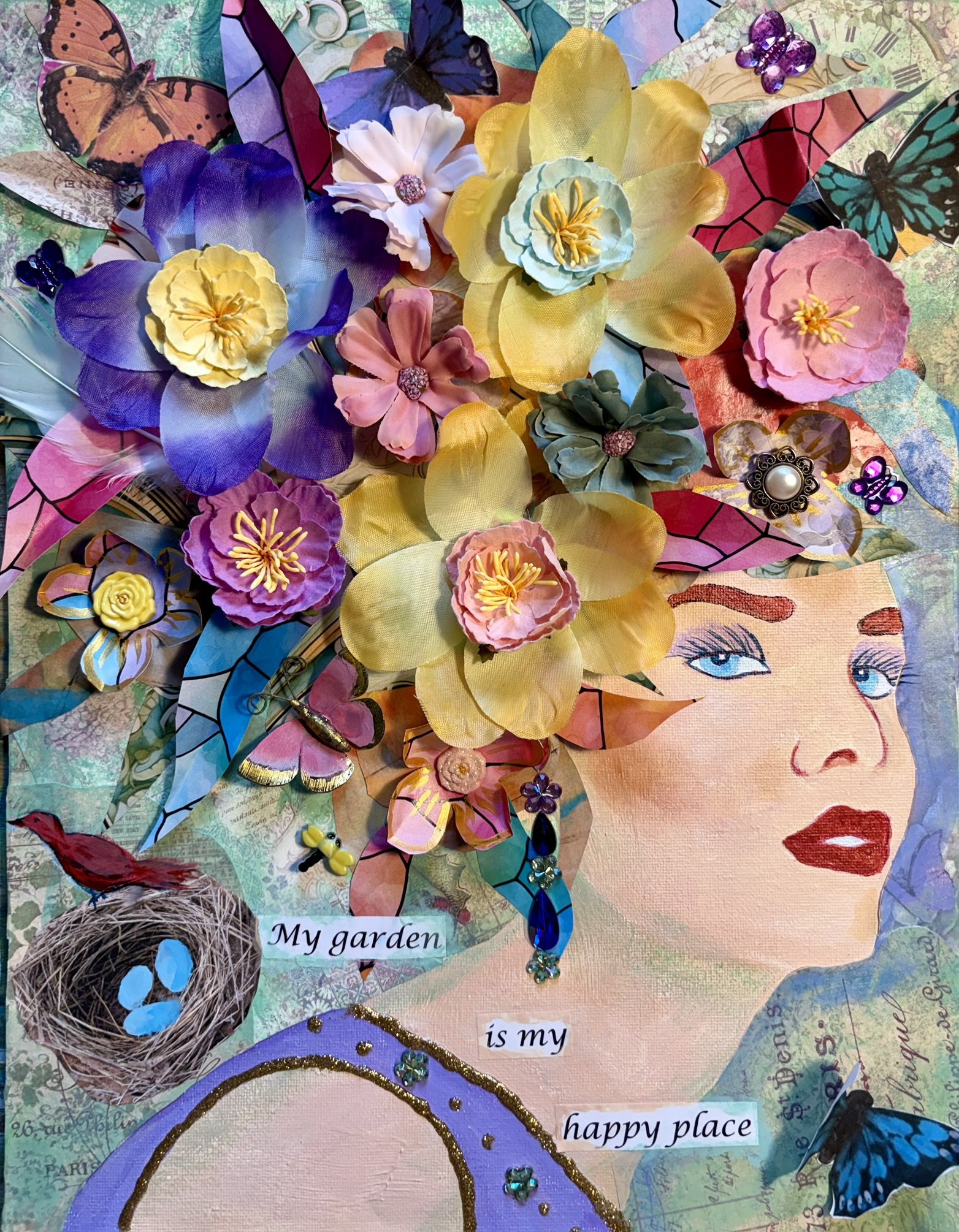 Happy Place - $125 unframed; $155 framed; 11 x 14 canvas board, multi-media collage (3D)