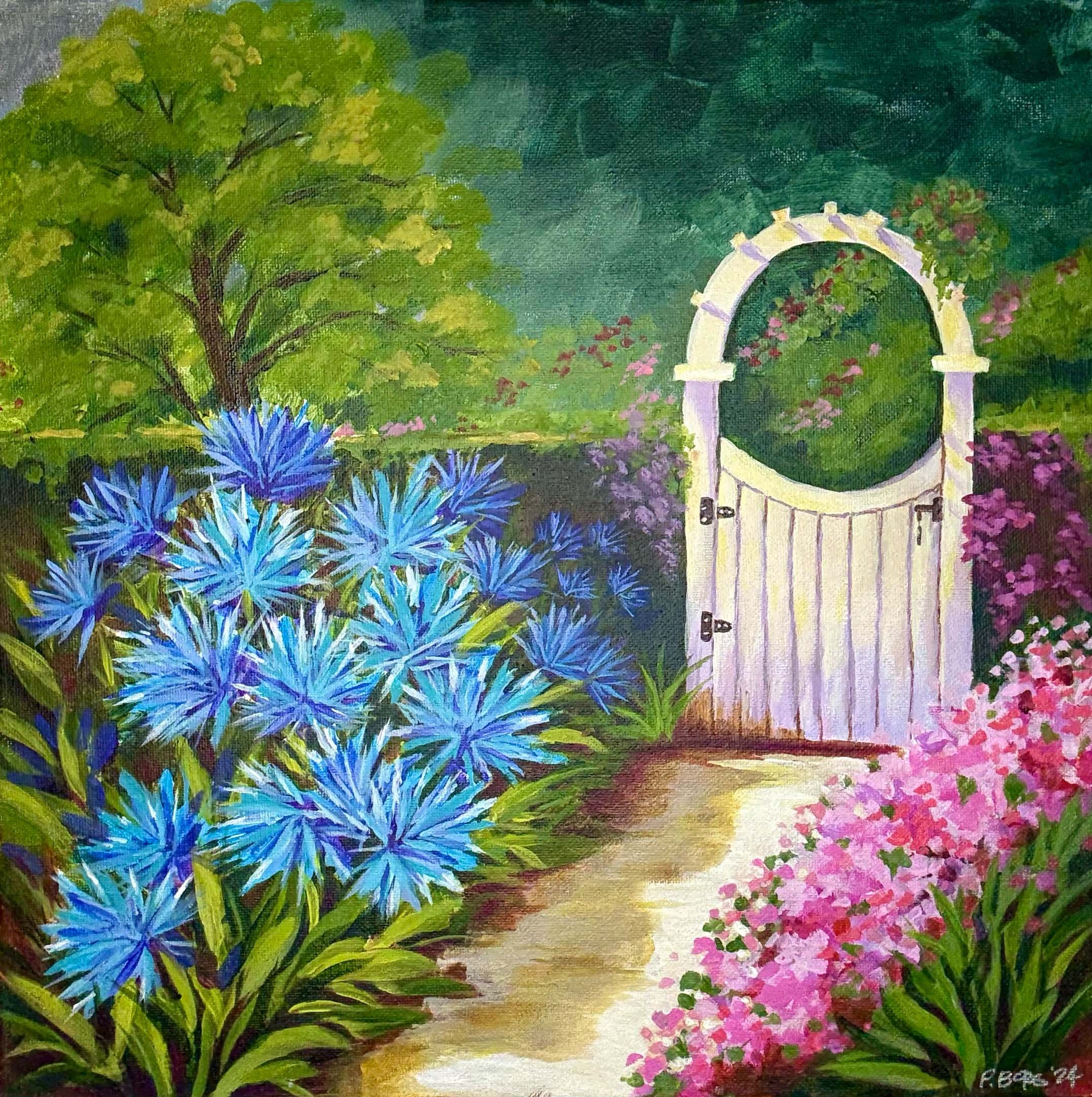 Garden Gate - $100 unframed; acrylic 14 x 14