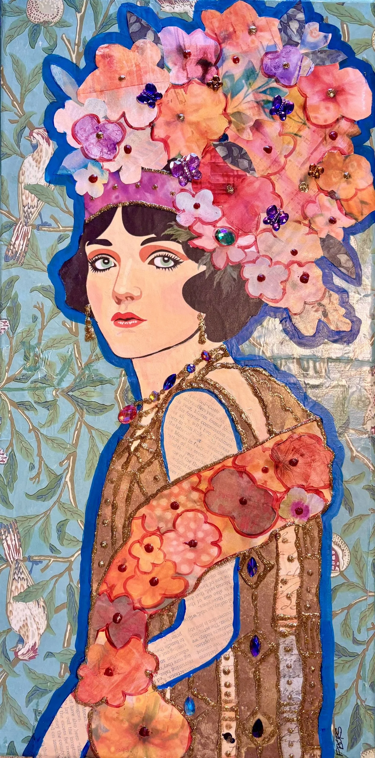 Flapper Lady with Flowers - $100 unframed, $130 framed; 10" x 20" multi-media collage on canvas