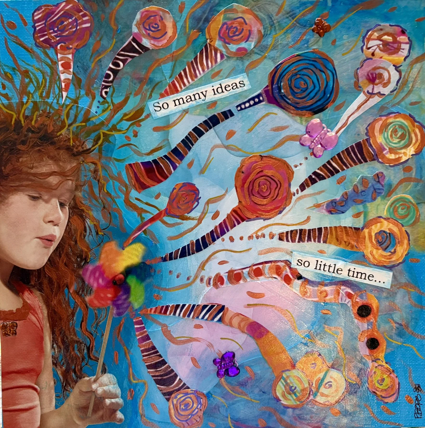 Ideas - $75 unframed, $105 framed; 10" x 10" multi-media collage on canvas board