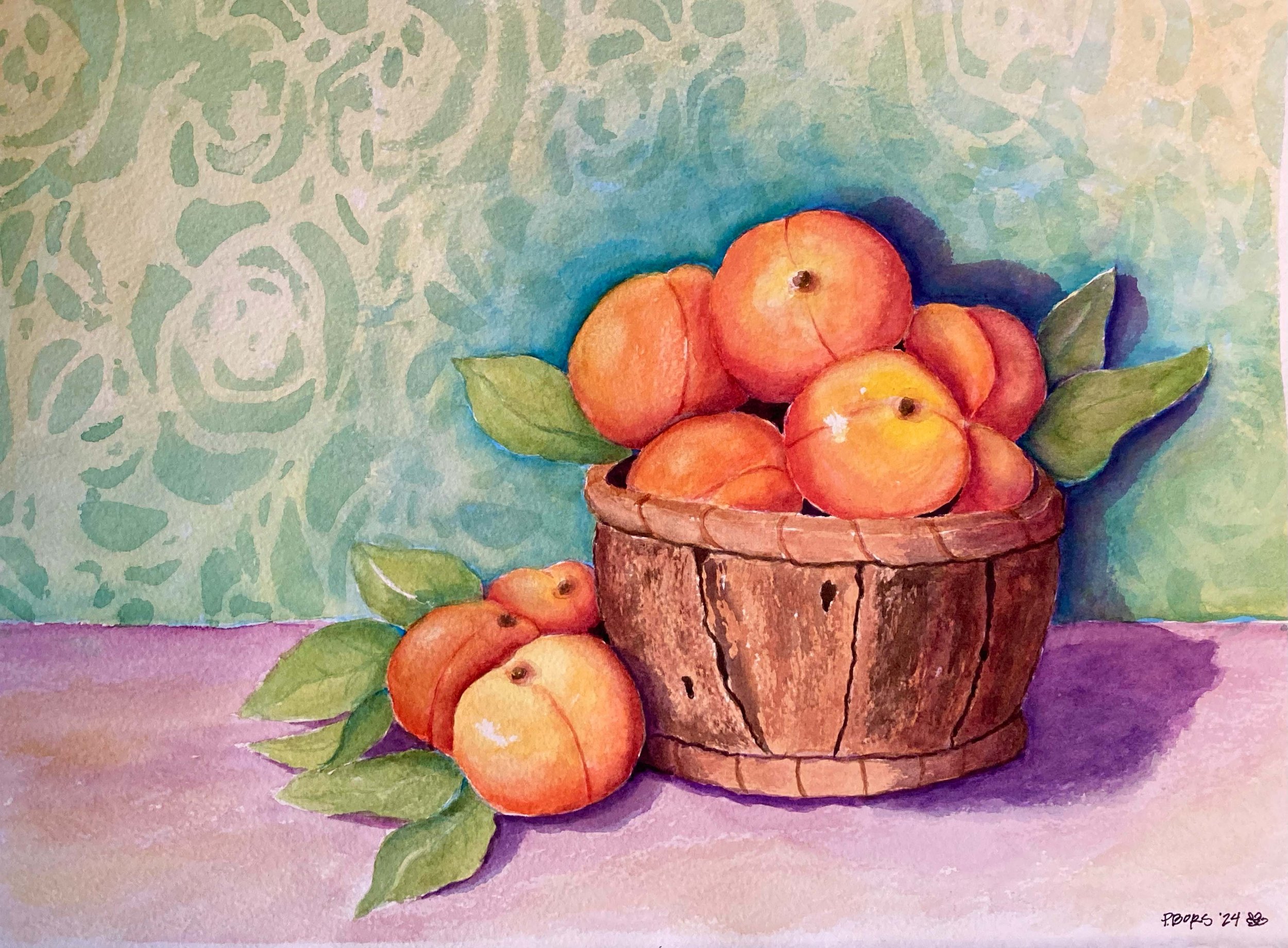 Summer Peaches in Basket - $150 unframed; $225 framed; watercolor 11 x 14