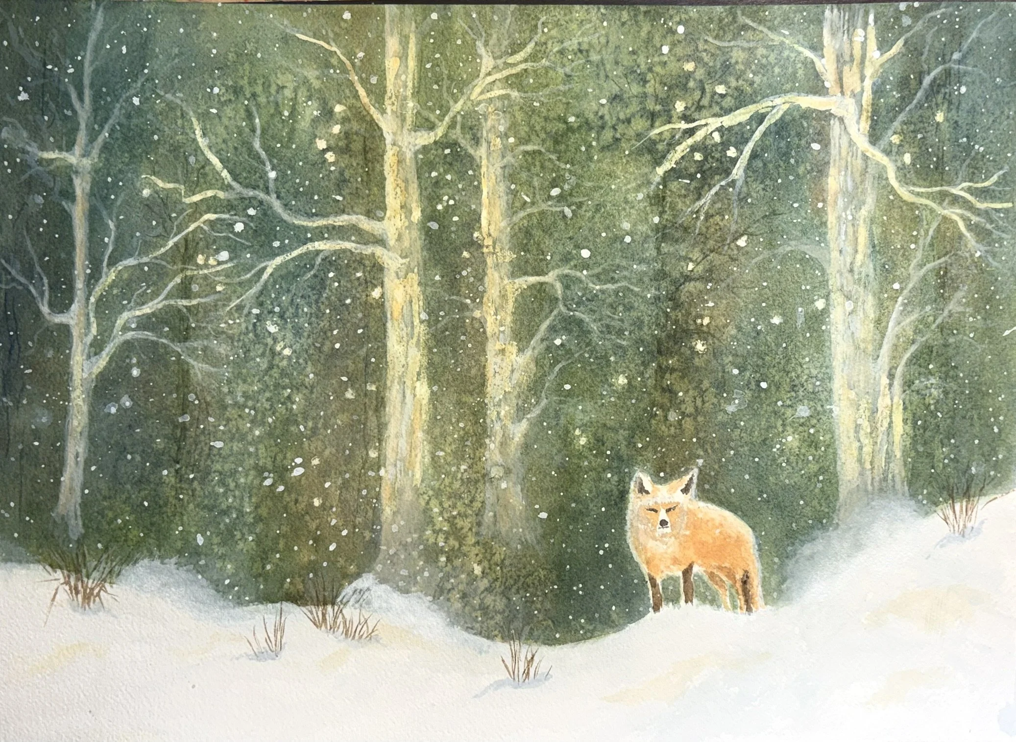Fox in Snowstorm 10 x 14 watercolor; $200 unframed; $250 framed