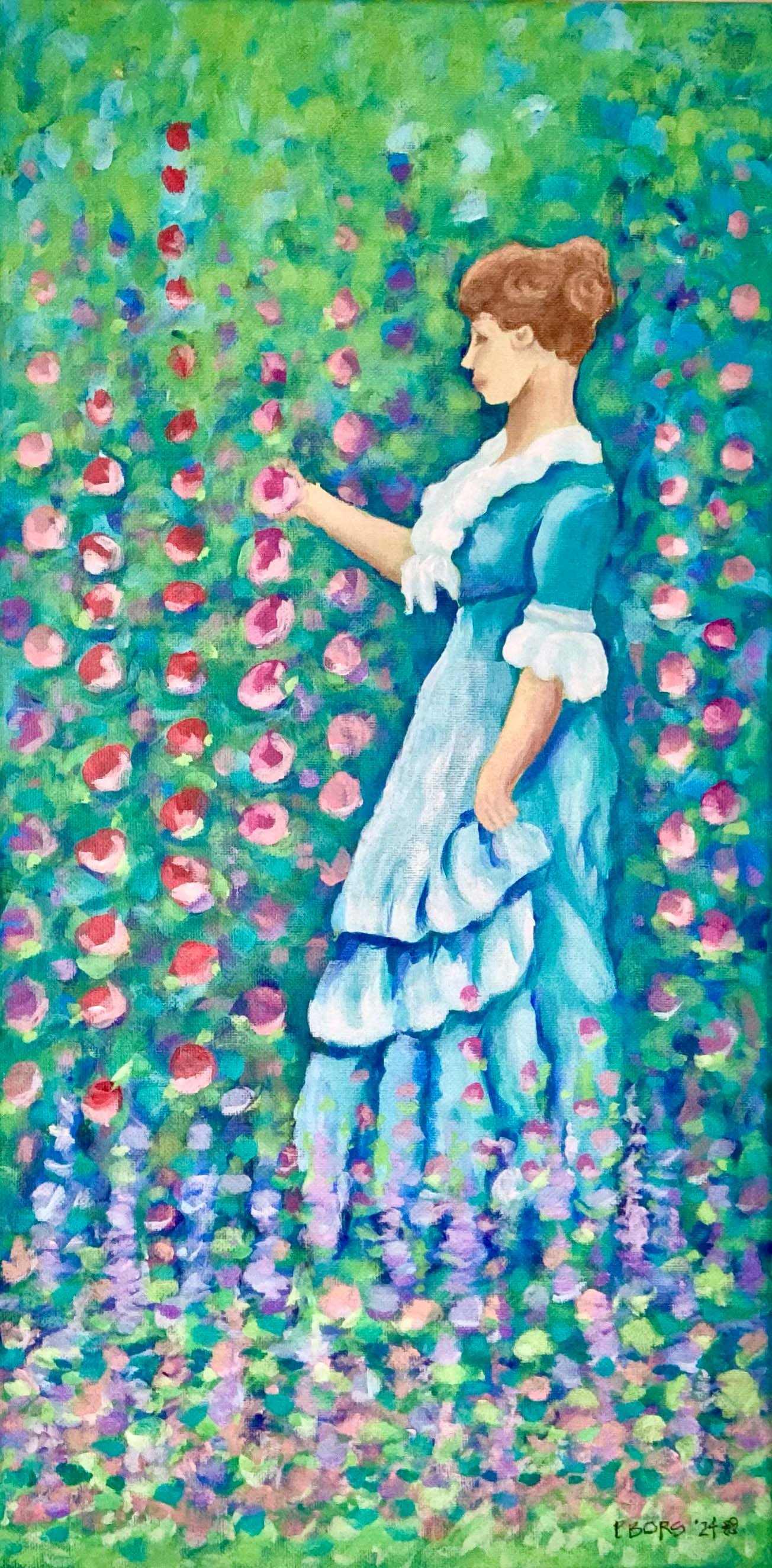 Hollyhock Garden - $150 unframed; acrylic 10 x 20