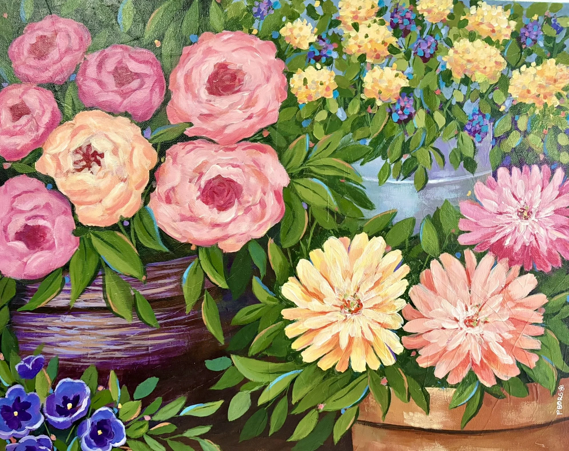 Peonies in Pots - 16 x 20 acrylic; $150 unframed; $200 framed