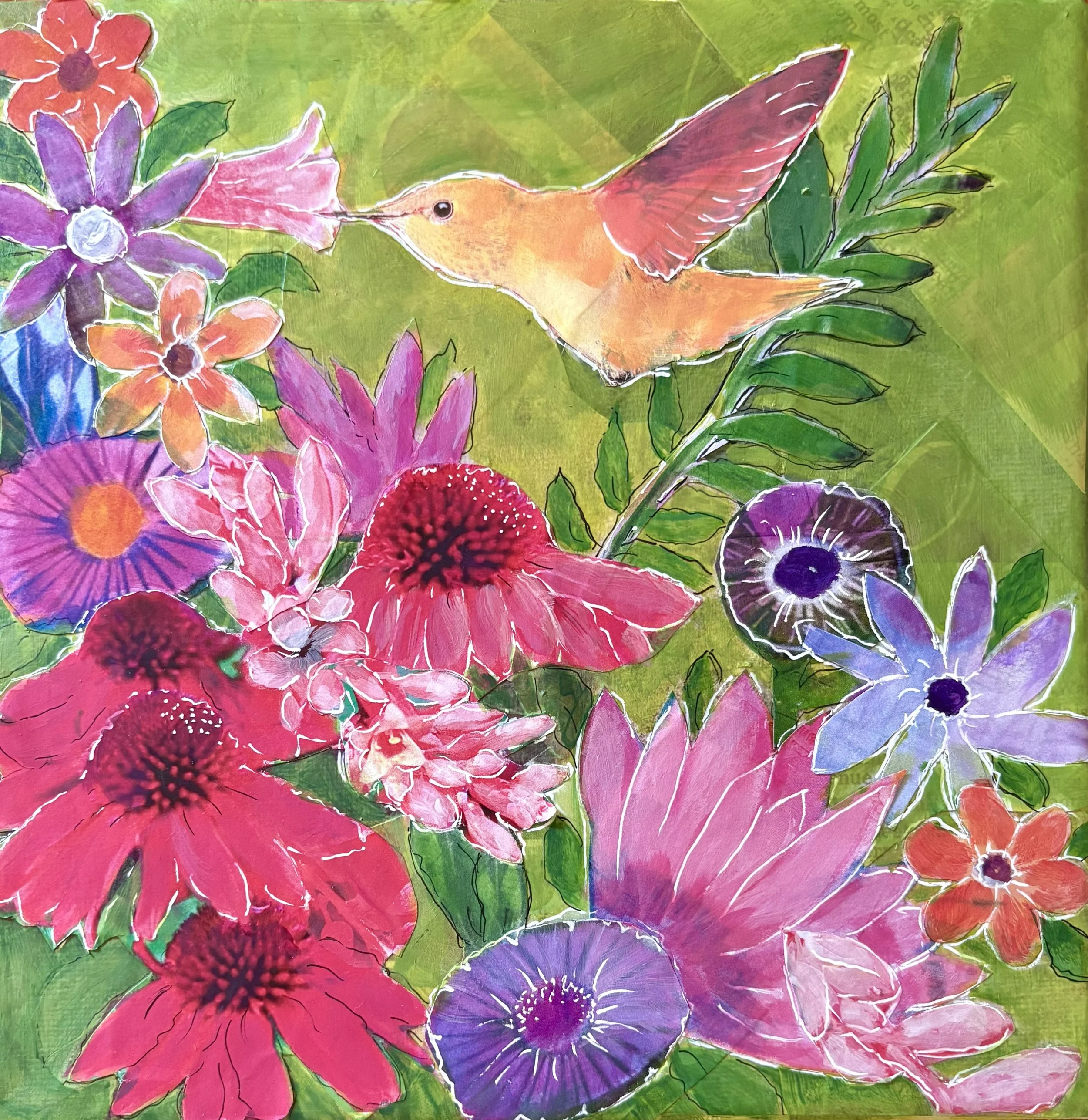 Hummingbird Collage - 8 x 8 multi-media; $75 unframed