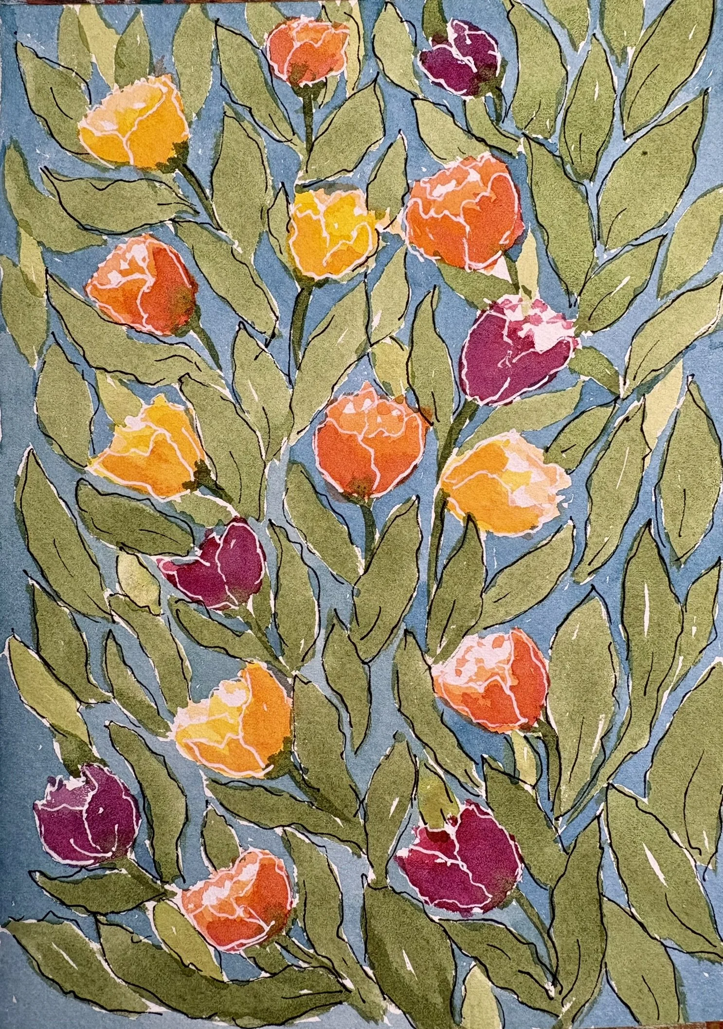 Abstract Tulips 5 x 7 watercolor; Greeting Card $7.50 upon request; quantity discount available