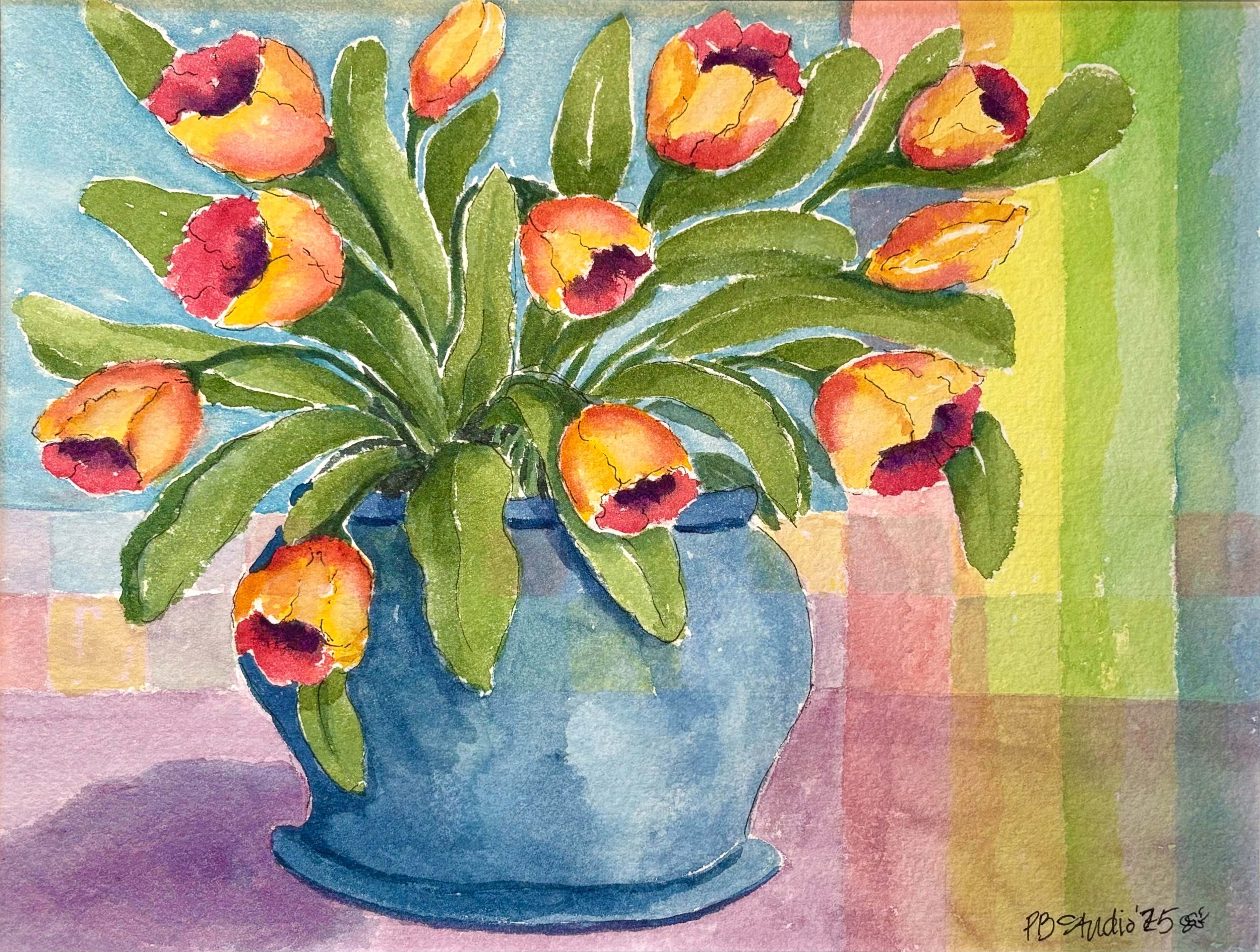Tulips in blue vase - $125 unframed ; $175 framed; watercolor & ink 9 x 6 ½
