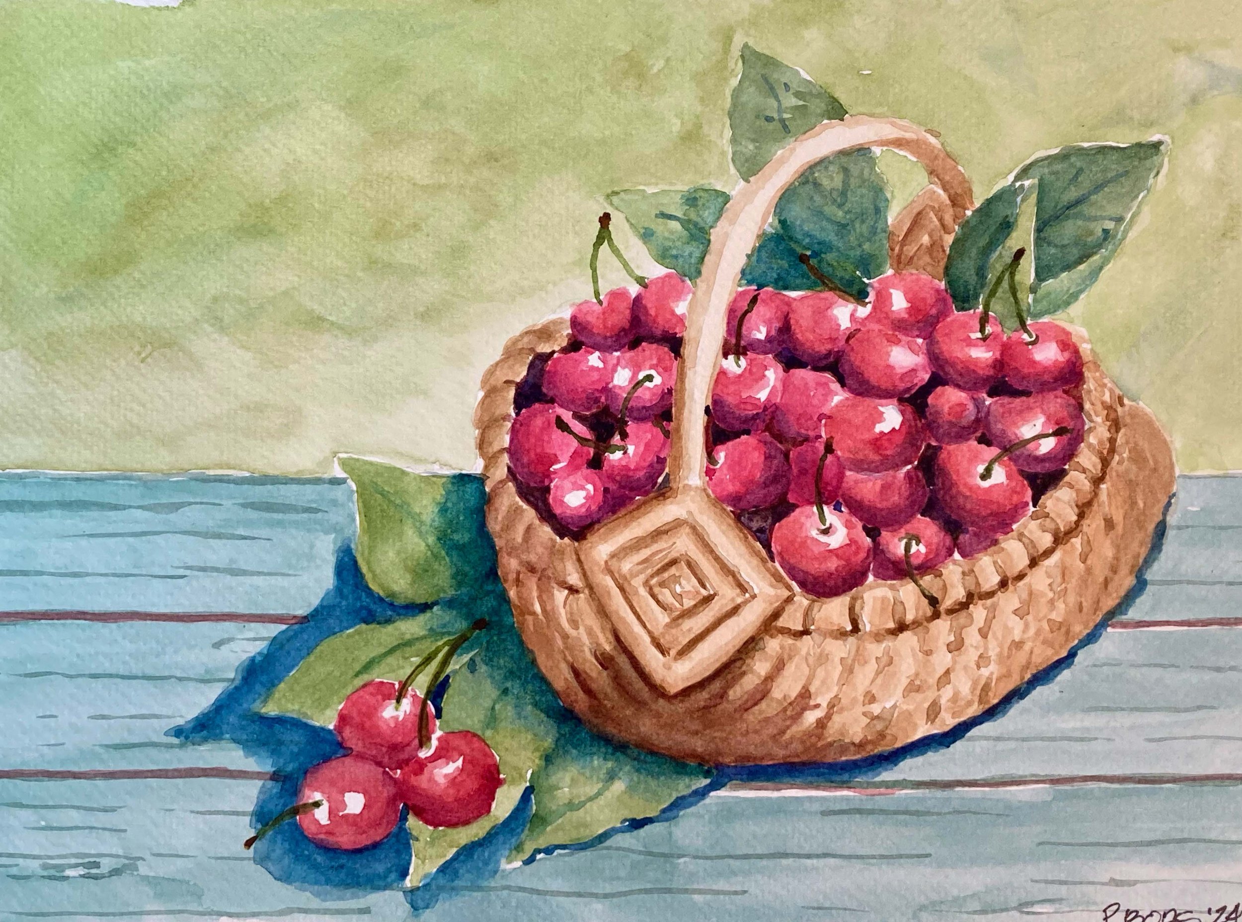 Cherries in basket - $75 unframed; watercolor 7 x 10