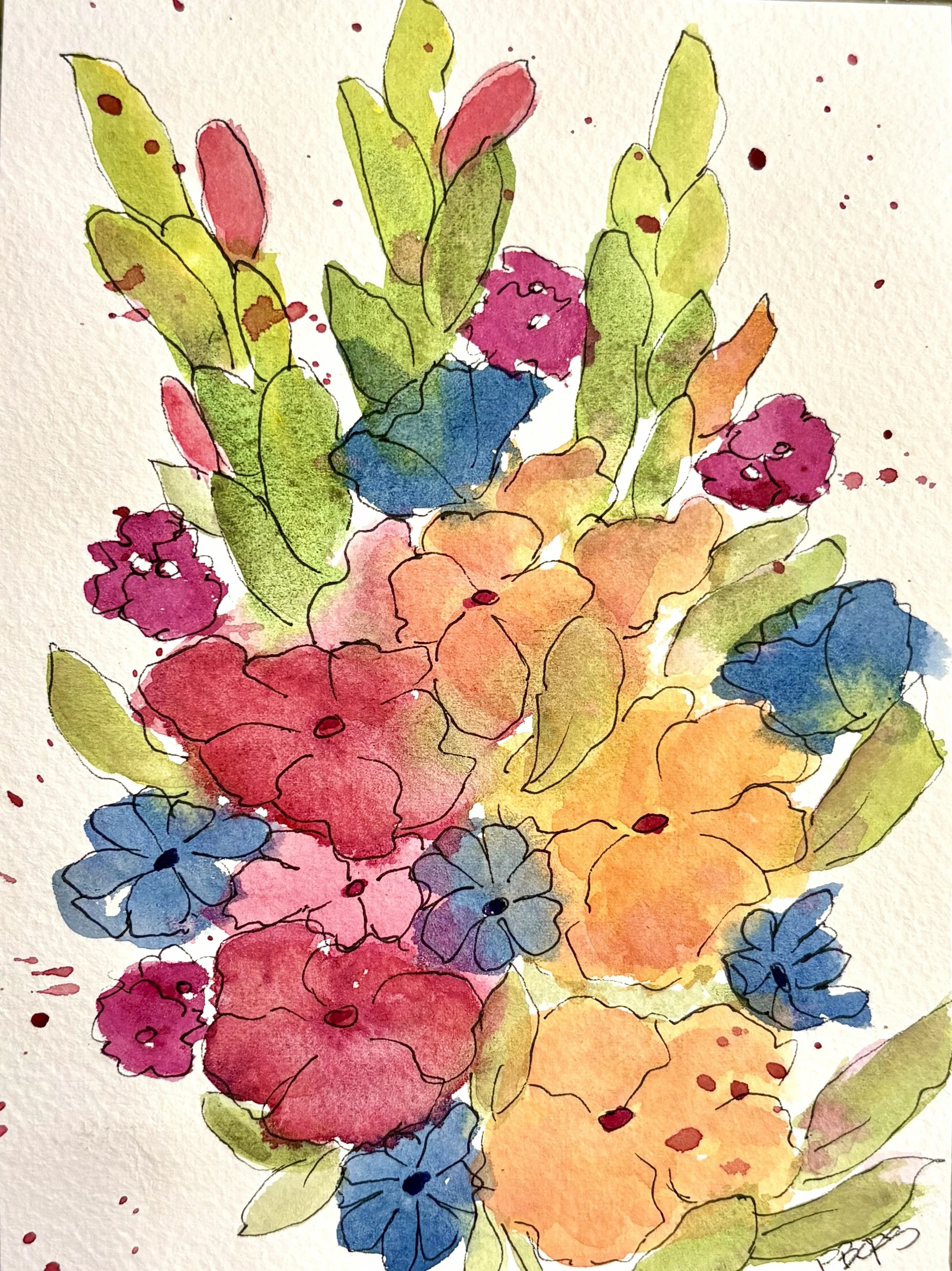 Summer Bouquet 5 x 7 watercolor; Greeting card $7.50 upon request; quantity discount available