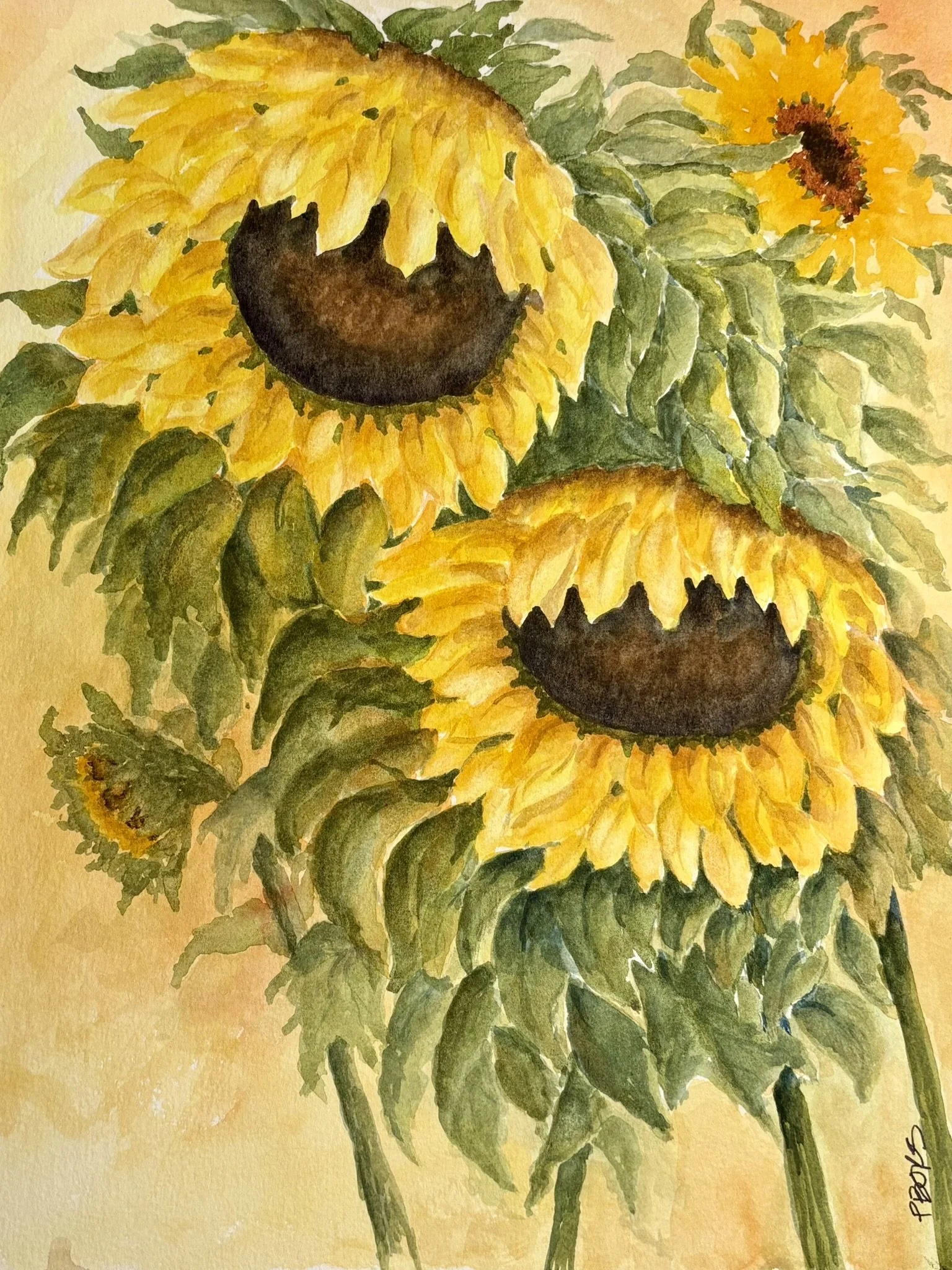 Four Sunflowers - $90 unframed, $120 framed; 11 x 14 watercolor