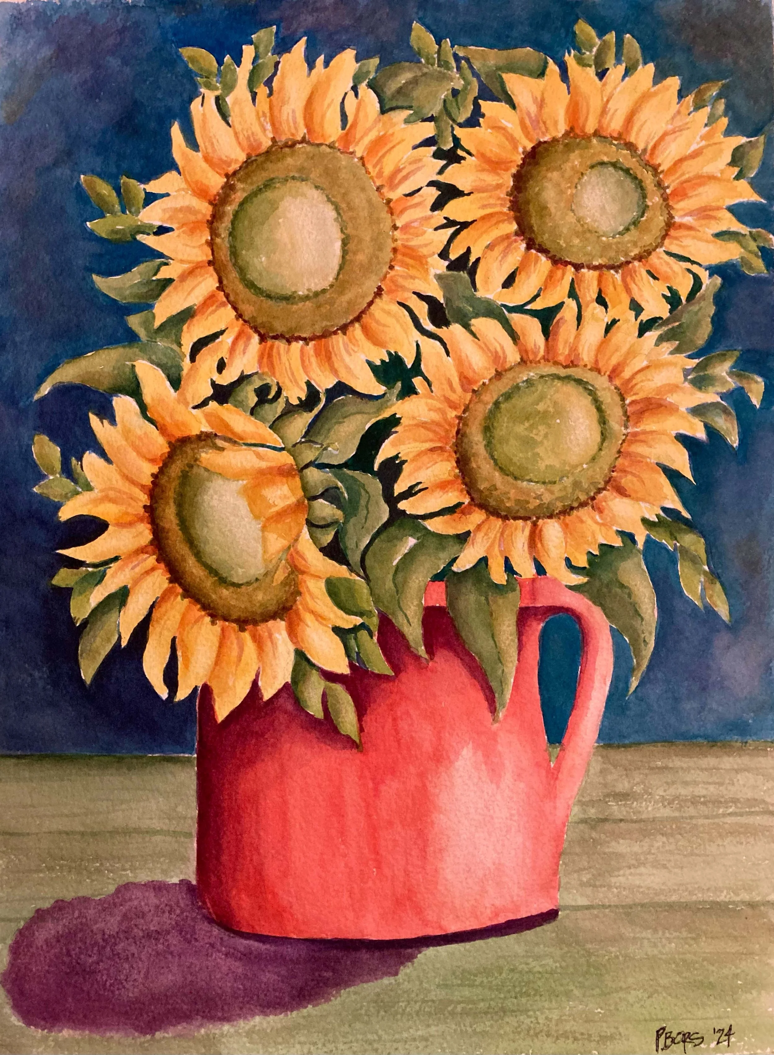 Sunflowers in Red Vase - $150 unframed; watercolor 11 x 14