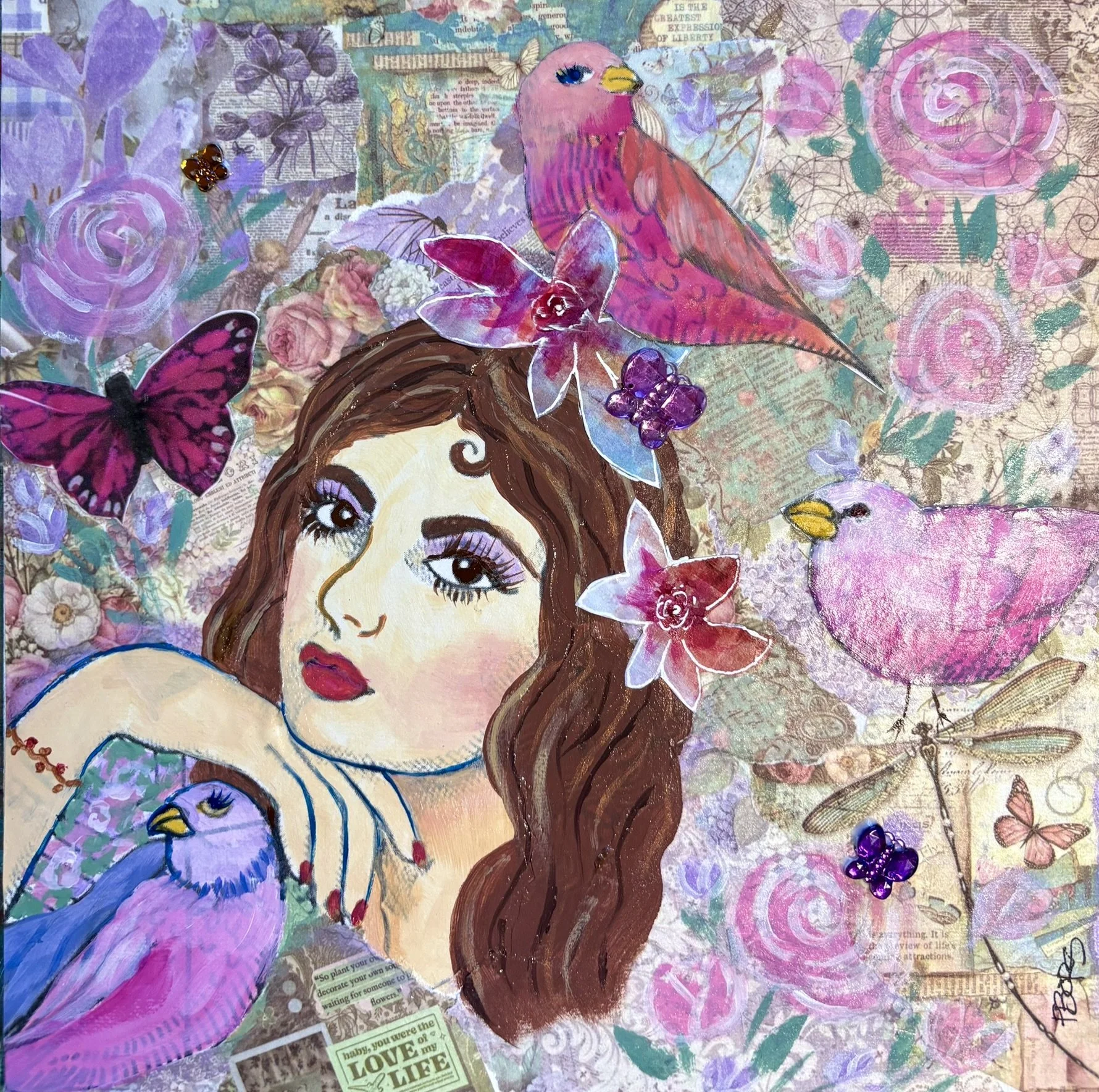 Bird Lady - $75 unframed, $100 framed; 10" x 10" multi-media collage on canvas board