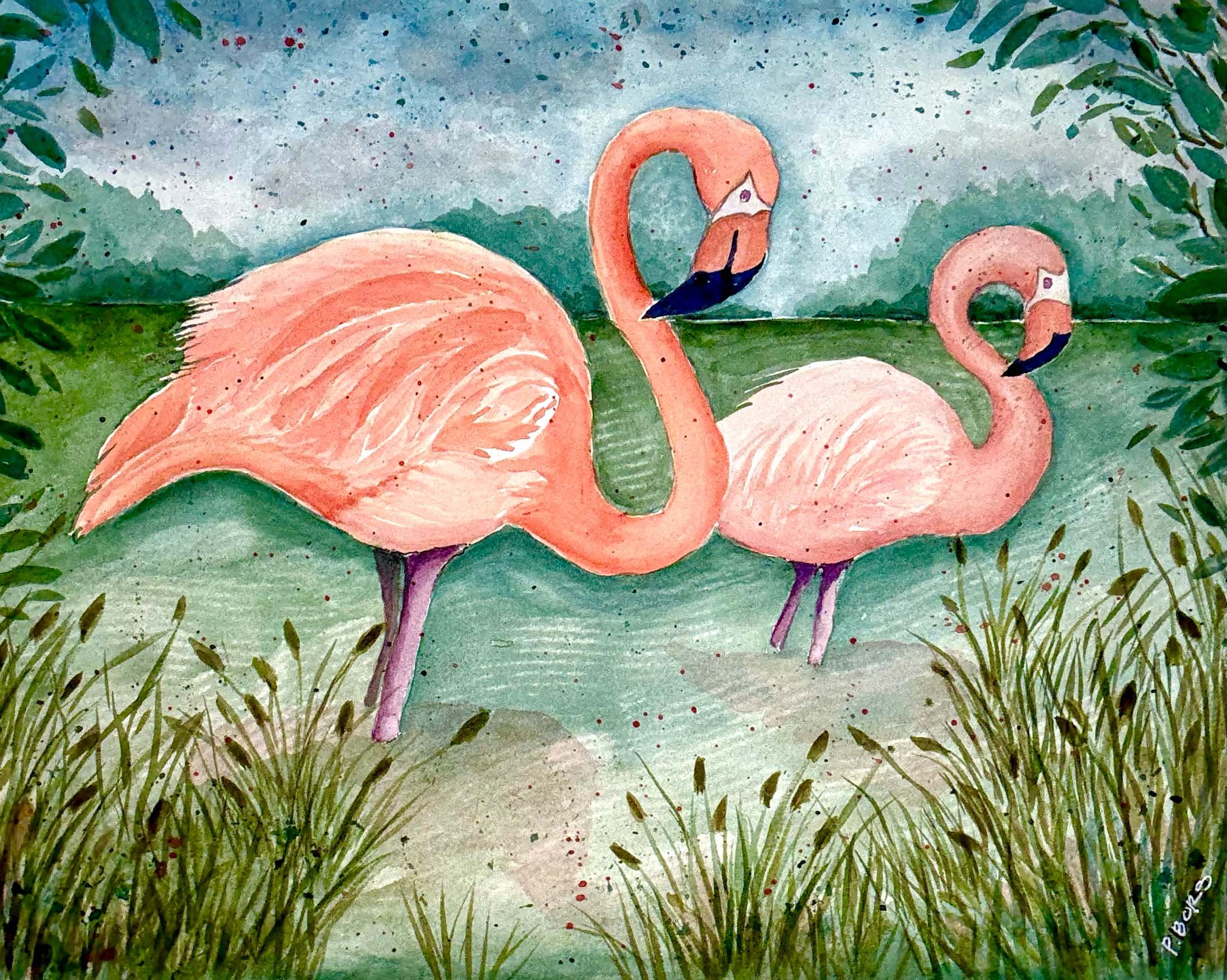 Flamingos in Bay - $150 unframed; watercolor 11 x 14