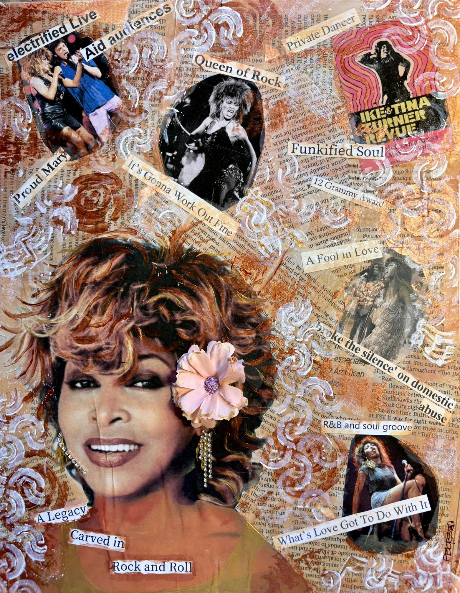 Tina - $75 unframed, $105 Framed; 10" x 10" canvas board, multi-media collage