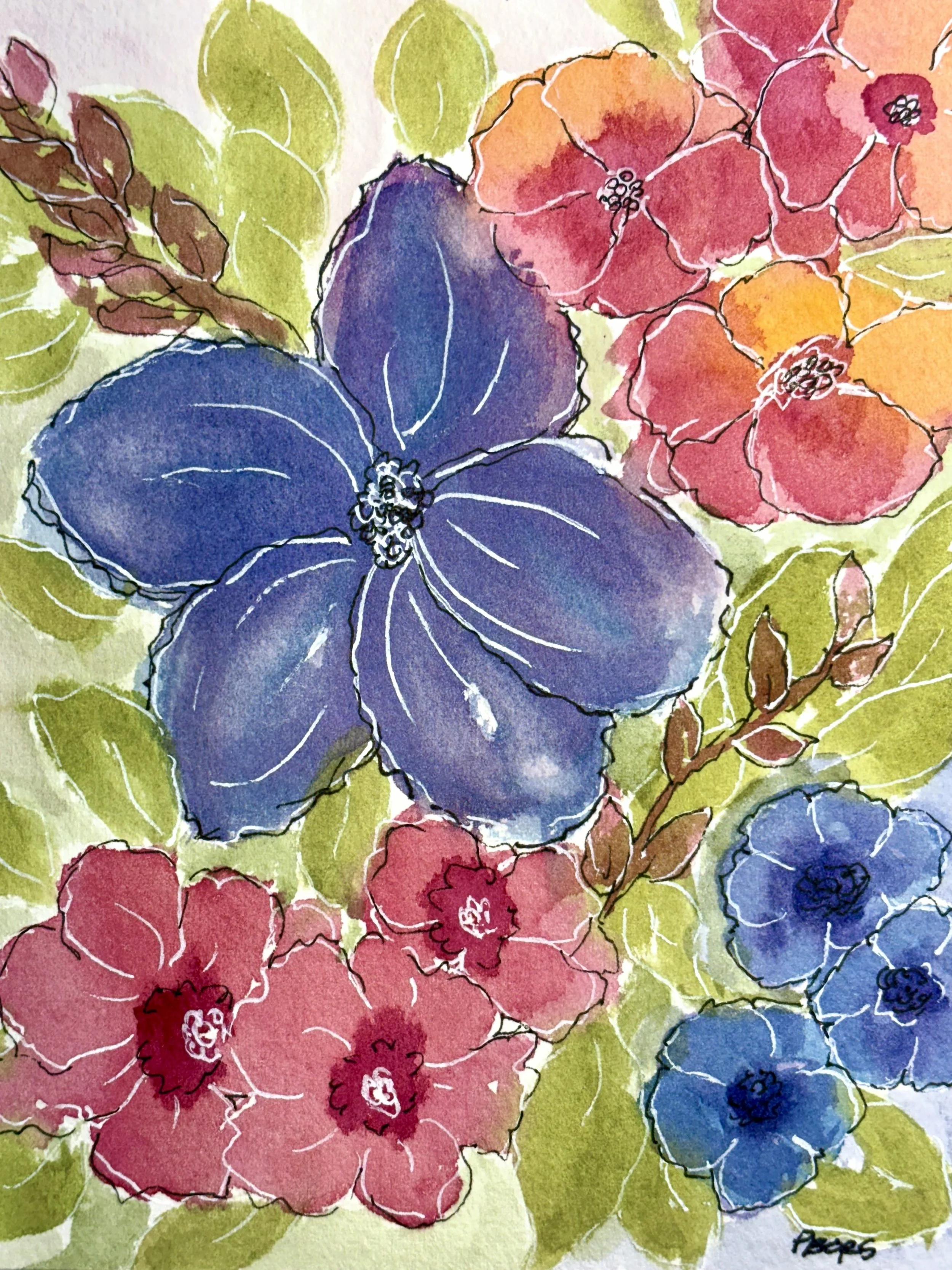 Summer Blooms 5 x 7 watercolor; Greeting card upon request; quantity discount available