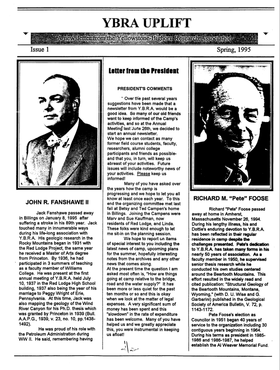 A newsletter titled 'YBRA UPLIFT' from Spring 1995, featuring a letter from the President, with photographs of John R. Fanshawe II and Richard M. 'Pete' Foose. John R. Fanshawe II's photo is on the left and Richard M. 'Pete' Foose's photo is on the r