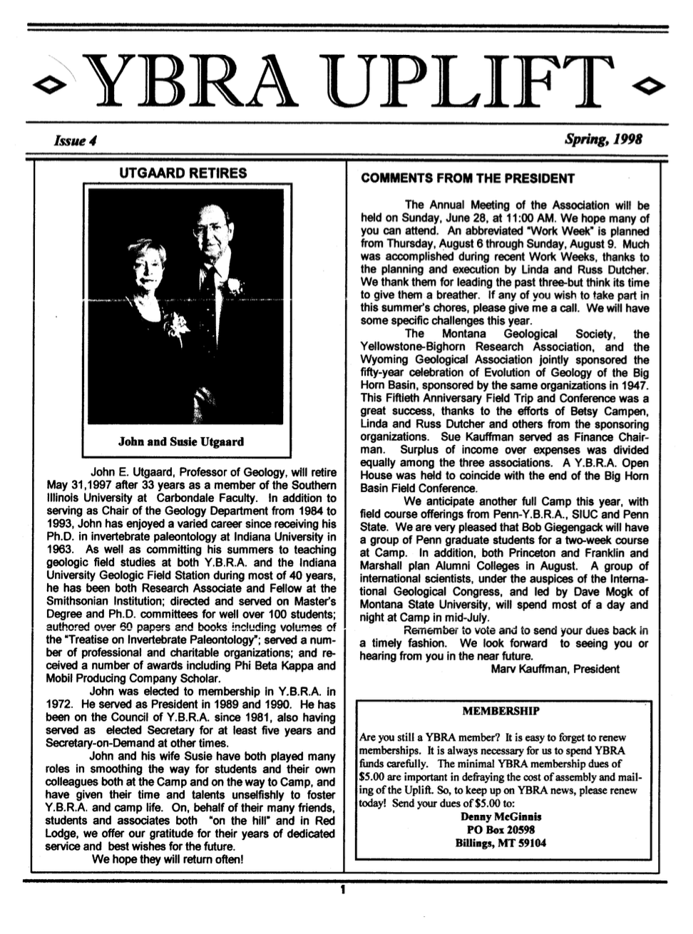 A black and white newsletter titled "YBRA UPLIFT," issue 4 from Spring 1998. It contains a photo of John and Susie Utgaard, with text about John E. Utgaard's retirement, career, and contributions to geology, along with upcoming events and membership 