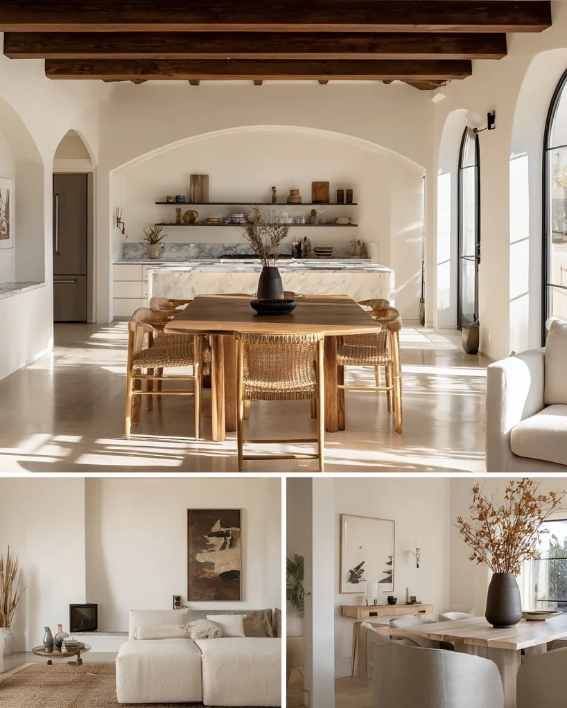 Collage of three minimalist, modern interior home rooms with natural light: a dining area with a wooden table, chairs, and open shelving on a white wall; a living room with a white sofa, artwork, and a side table; and a dining nook with a small table, chairs, and a large vase of dried flowers.