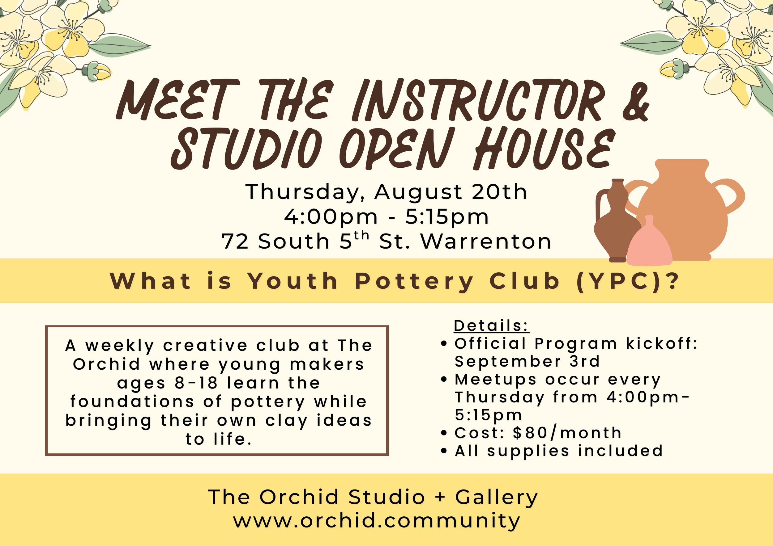 Meet the Instructor & Open House for Youth Pottery Club - 8/20