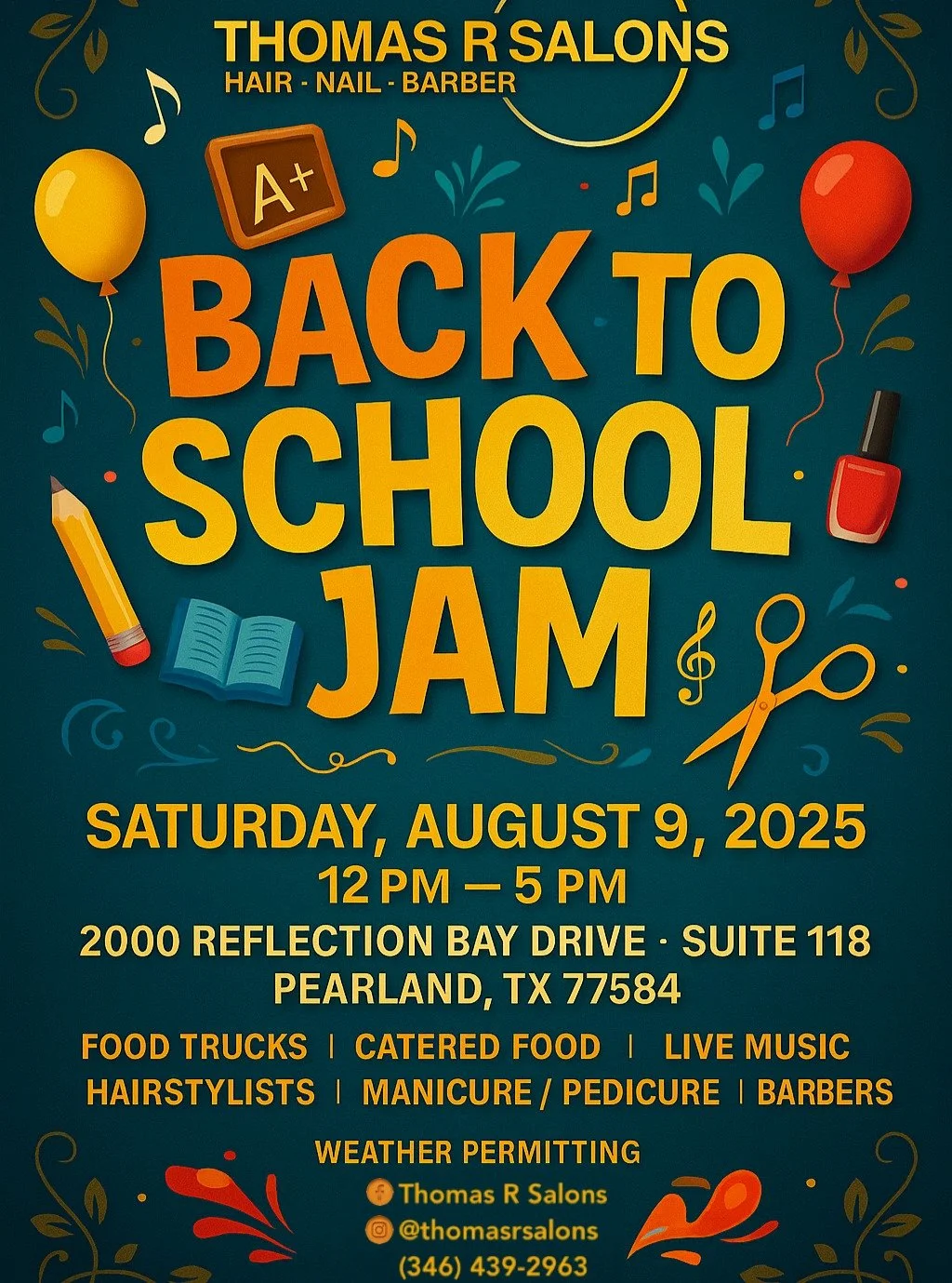π’ SAVE THE DATE! Get ready to kick off the new school year with style! We're thrilled to announce the official Grand Opening of Thomas R Salons, right here in Pearland! 
Join us this Saturday, August 9th, for our Back to School Jam, filled with live