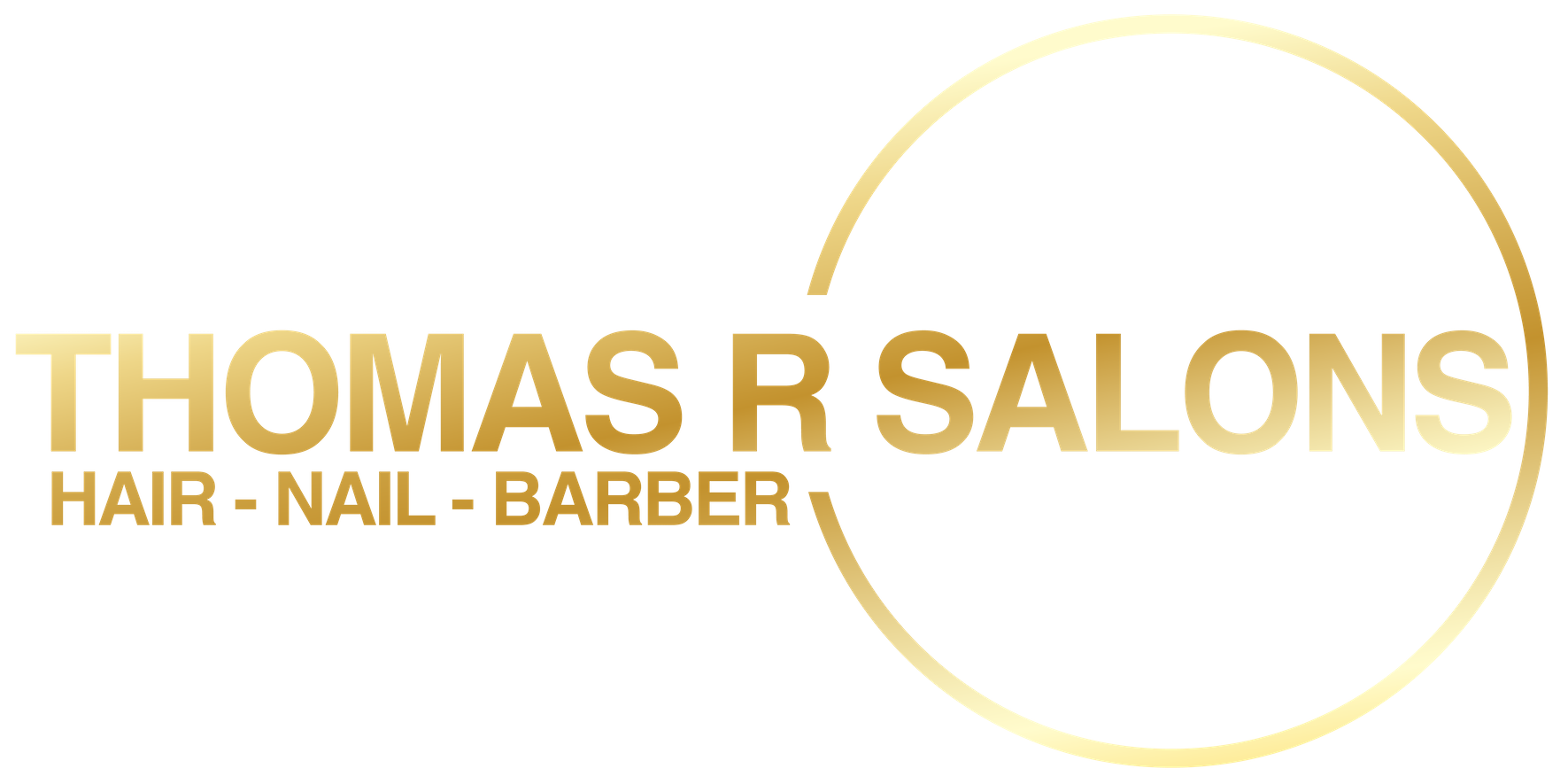 Gold logo for Thomas R Salons with a large circle, featuring the business name and services: Hair, Nails, Barber.