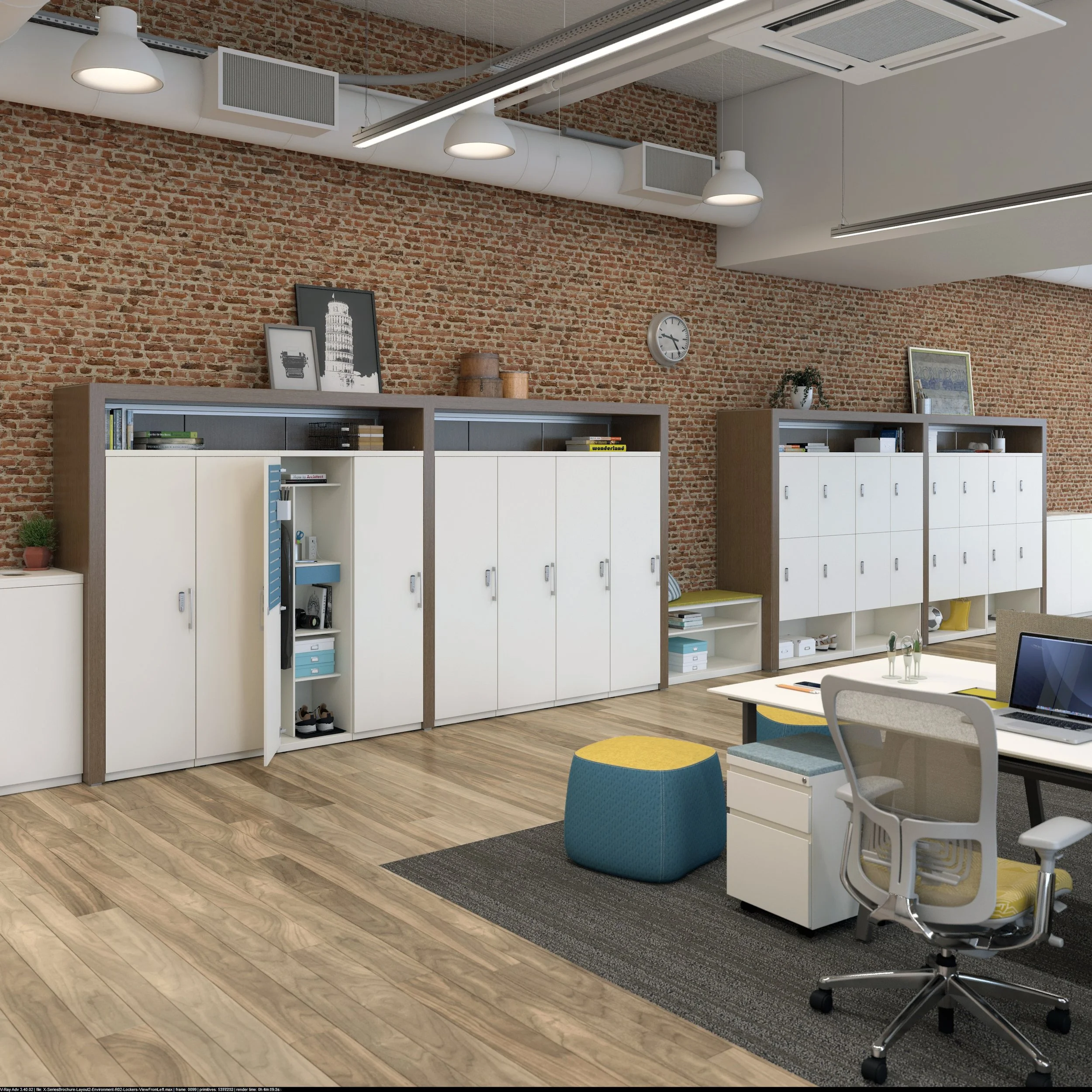 Modern office with brick wall, white storage cabinets, office desk with laptop, office chair, and colorful ottoman.