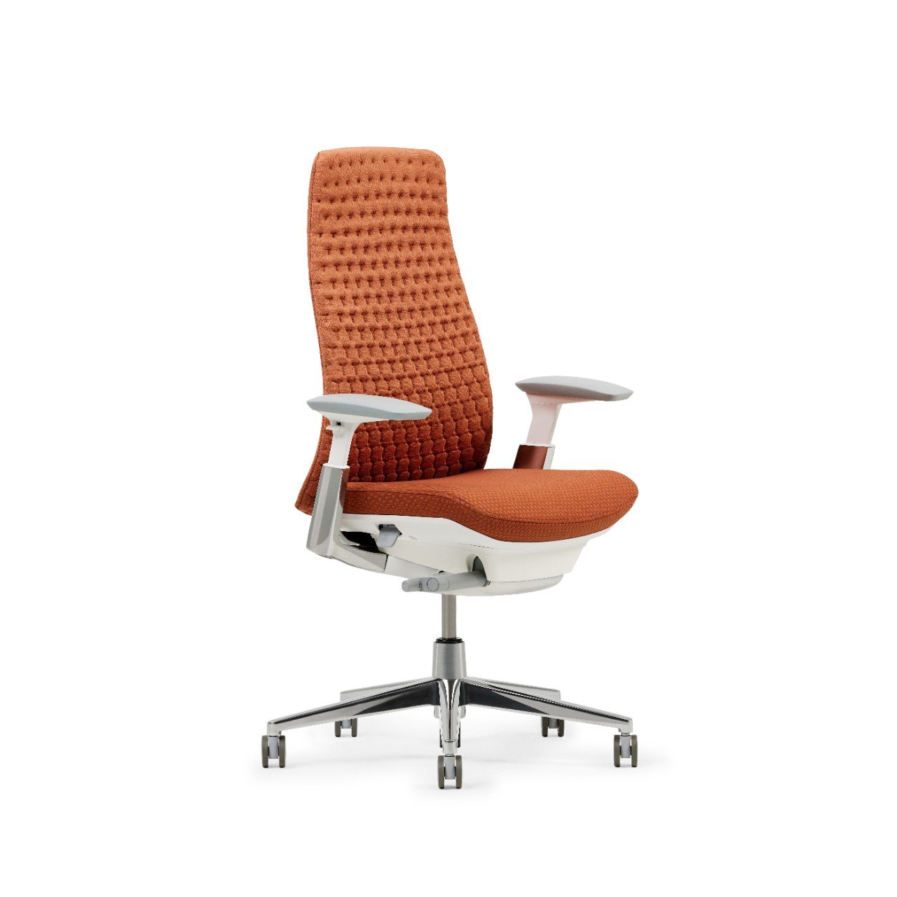 An ergonomic office chair with a high backrest, upholstered in orange fabric with a textured pattern, white armrests, and a chrome base with five wheels.