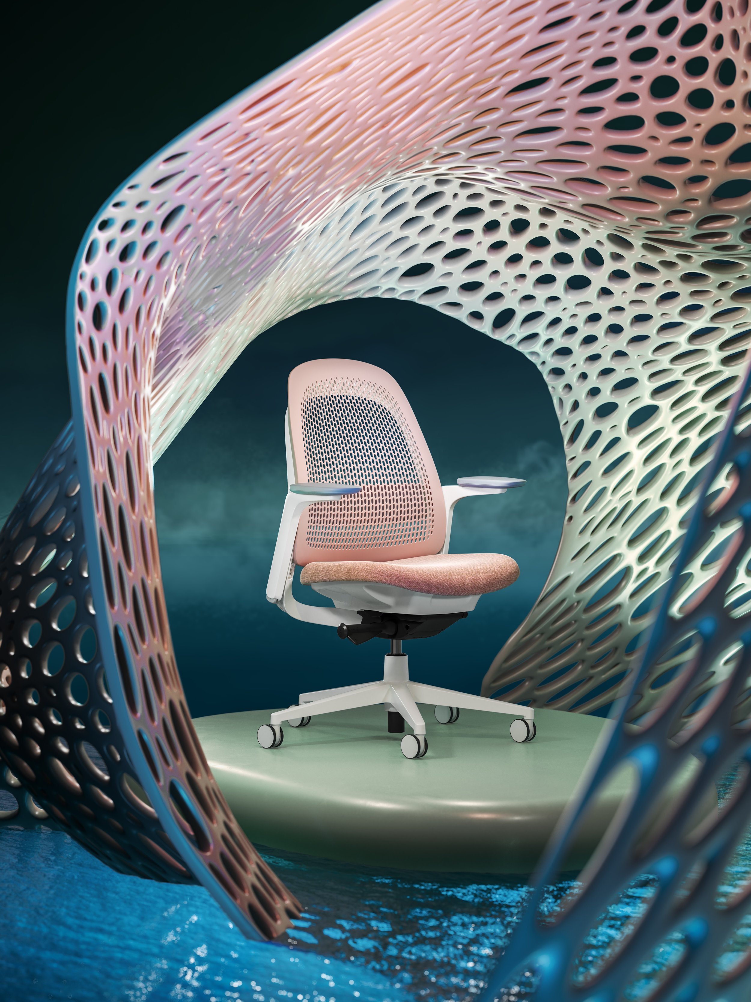 A pink office chair with a cushioned seat and backrest, set on a green platform, surrounded by an abstract, perforated, spiral structure, with water beneath and a dark cloudy sky in the background.