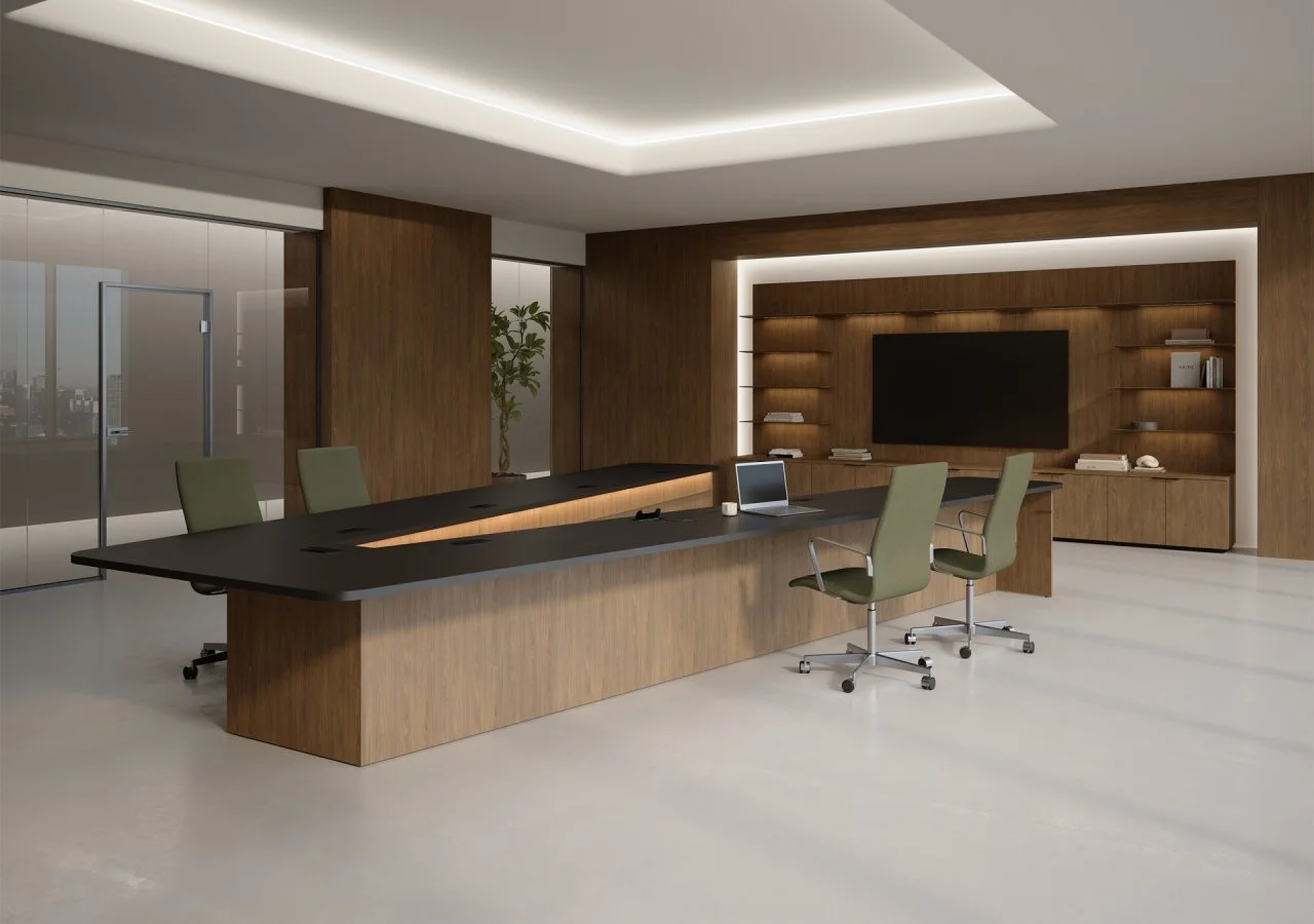 Modern conference room with a large wooden table, green office chairs, a wall-mounted television, built-in shelves, and a window showing a cityscape.