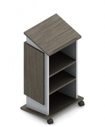 Wooden mobile storage cart with open shelves and a sliding door, on wheels