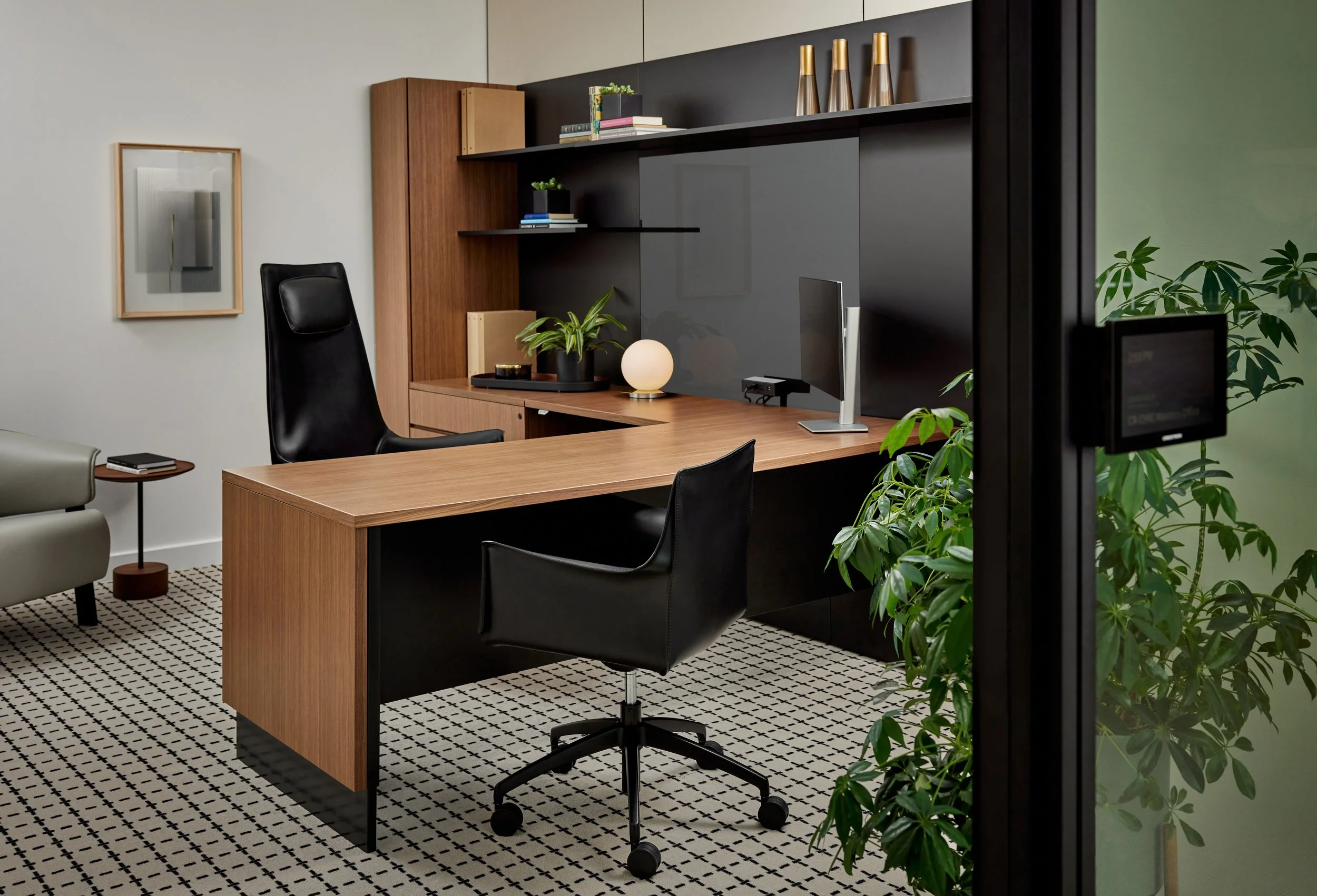 Modern office space with a wooden desk, black desk chair, and bookshelf, decorated with plants, a lamp, and a computer monitor.