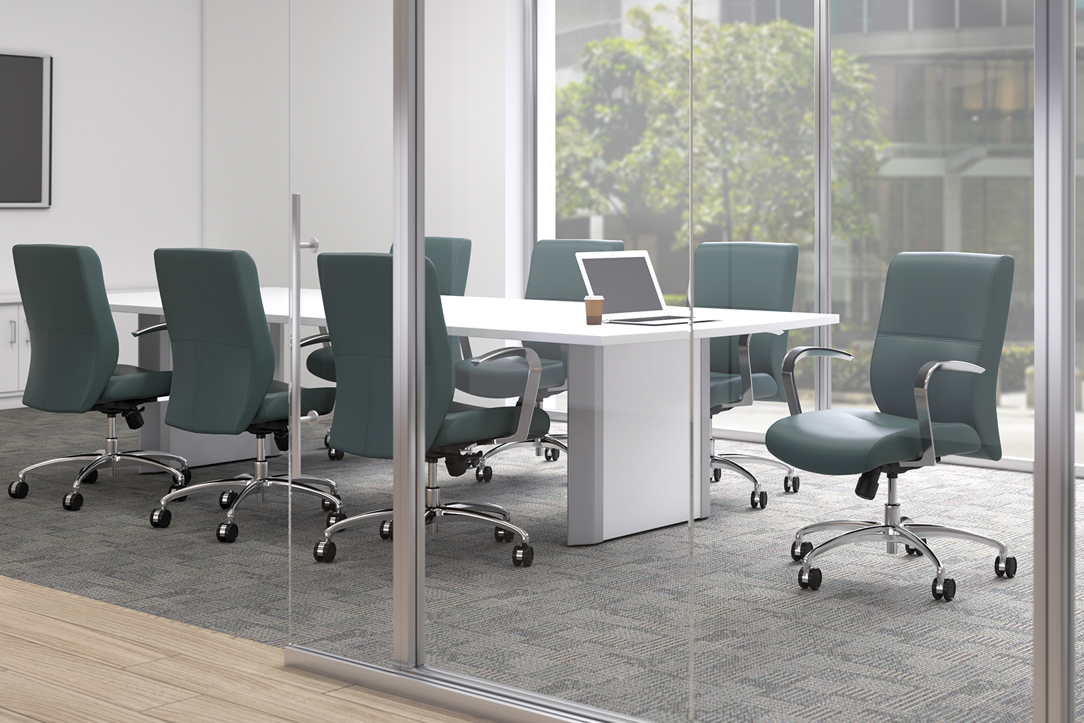Empty modern conference room with six teal office chairs around a white table, a laptop and a coffee cup on the table, glass walls, and cityscape outside.