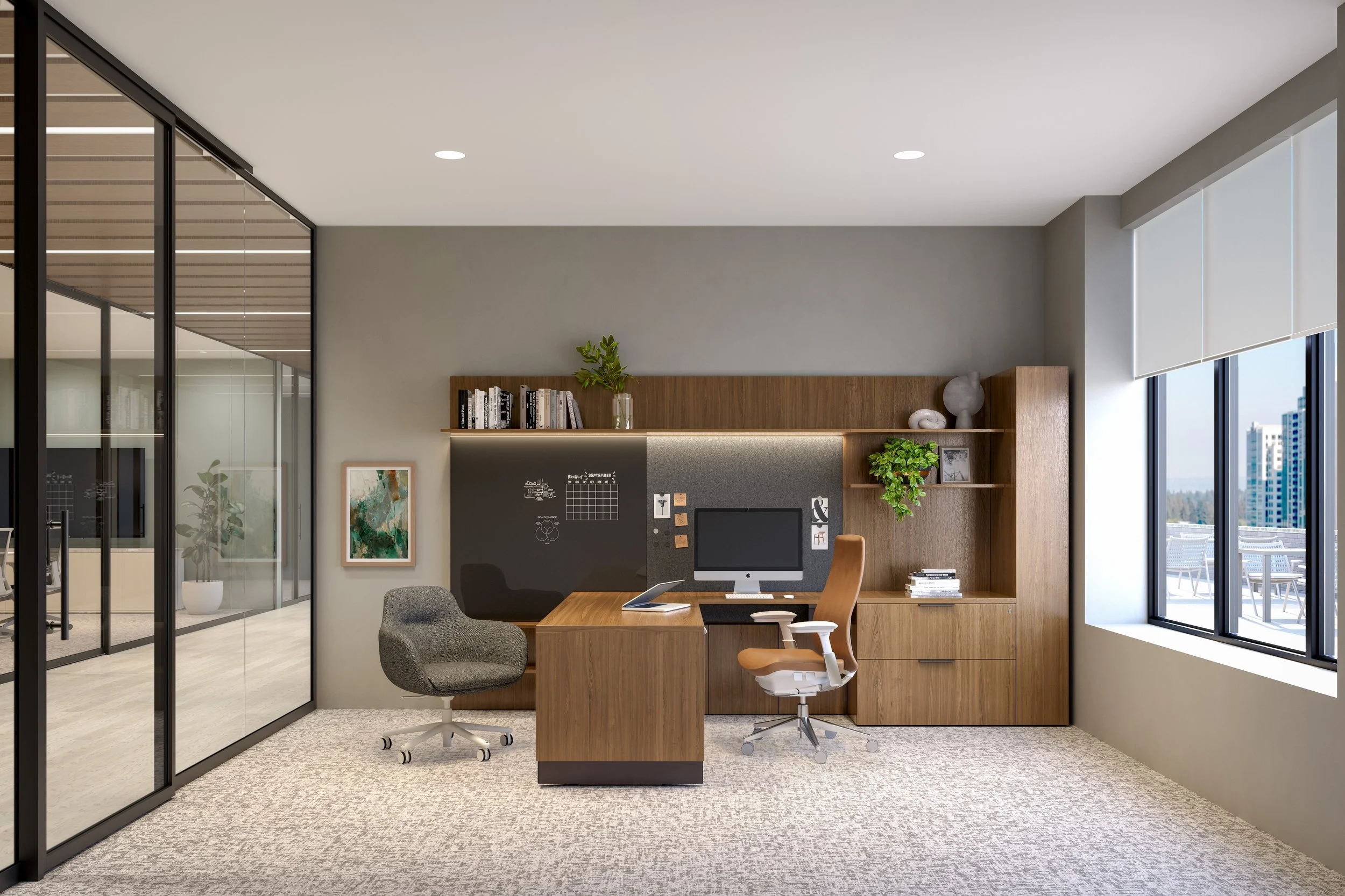 Modern office with large window, wooden desk, two chairs, floating shelves with books and plants, grey carpet, glass partition wall.