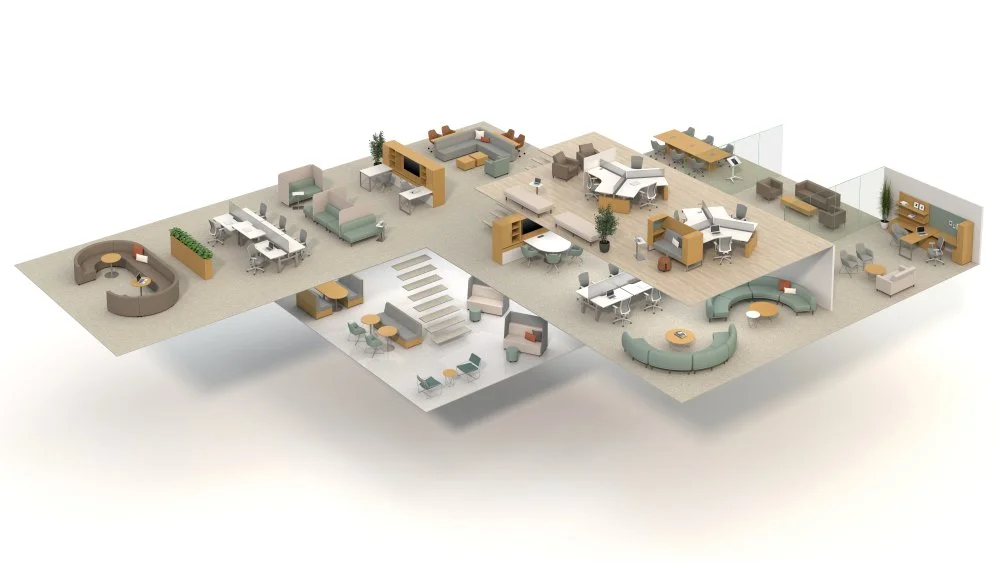 Floor plan of a modern office with various meeting areas, workstations, and lounge spaces.