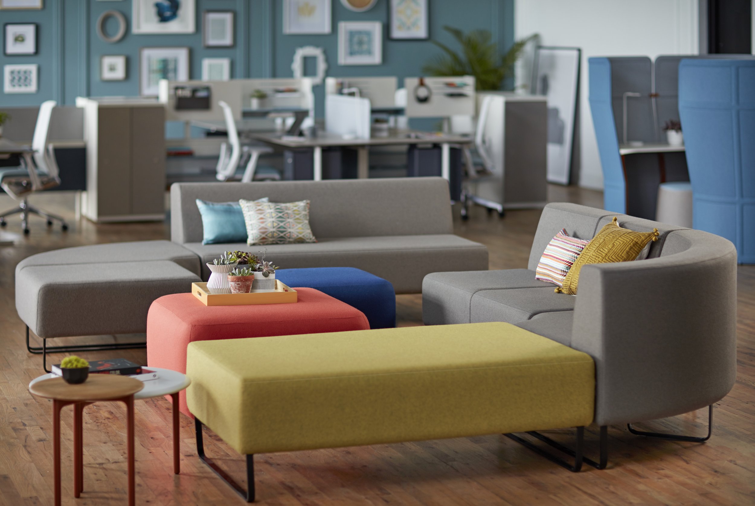 Modern open-plan office lounge area with colorful modular sofas, cushions, and a small side table with plants, in front of shared workspace desks in the background.