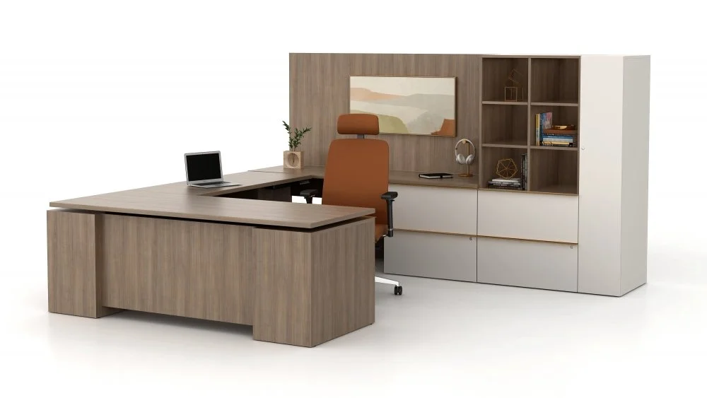 Modern office desk with a brown swivel chair, bookshelf, laptop, headphone, and decorative items on a white background.