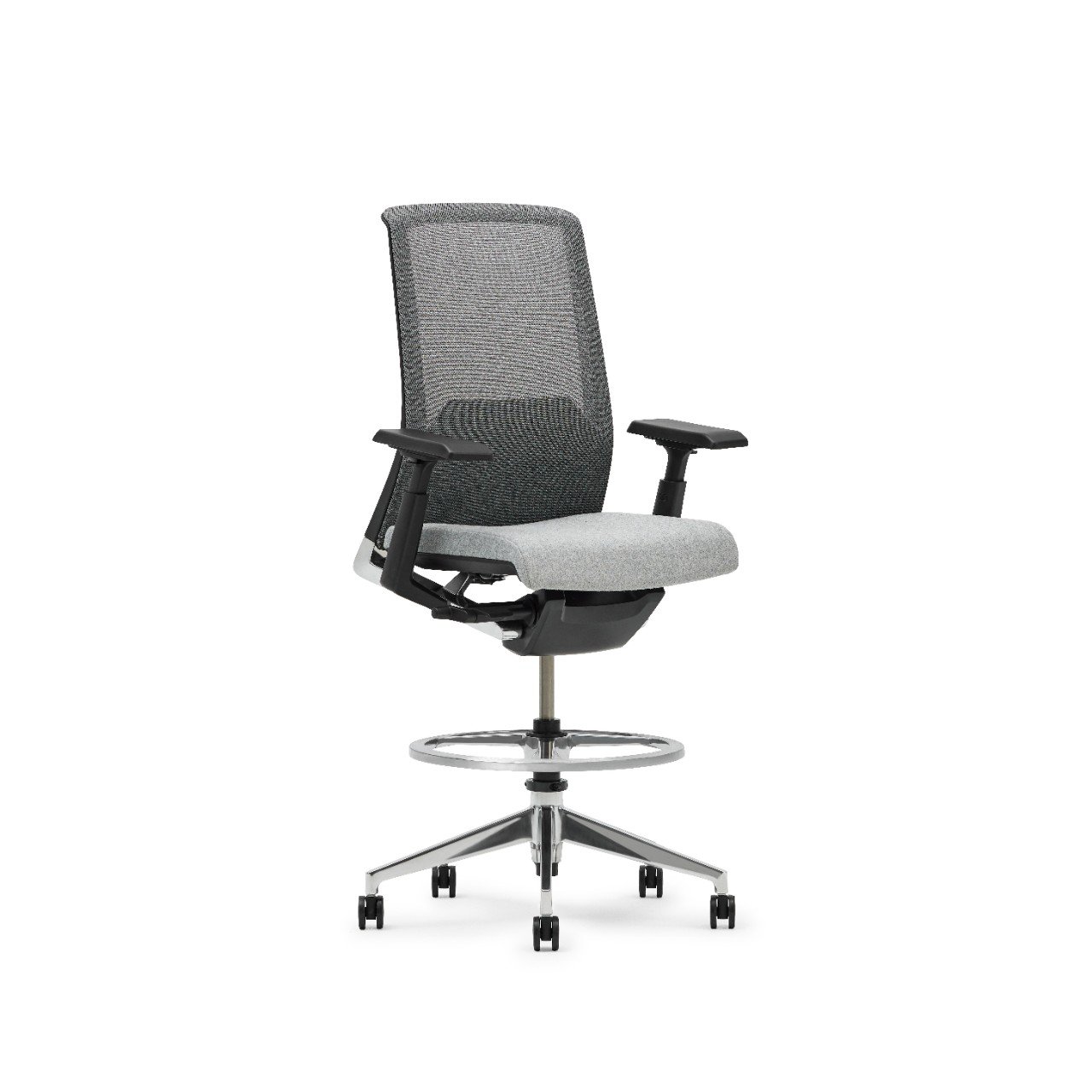 A modern ergonomic office chair with a mesh high back, gray cushioned seat, black adjustable armrests, and a chrome base with five casters.