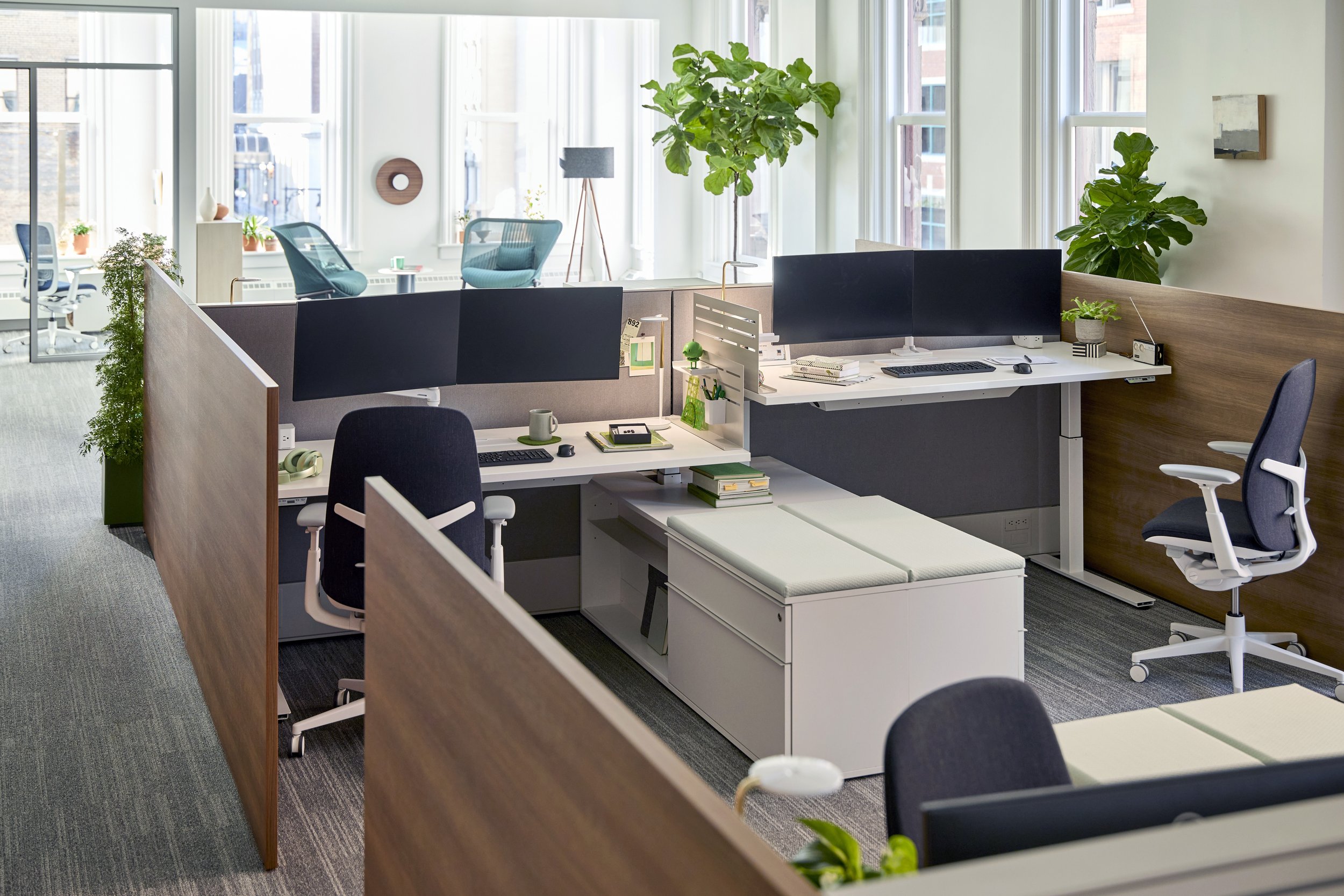 Modern open-plan office with cubicles, ergonomic chairs, and large windows, decorated with green potted plants and minimalist artwork.