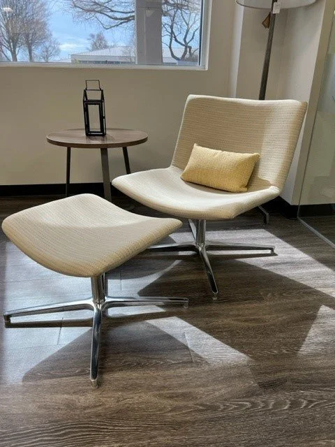 Grin Low-Profile Base Lounge Chair with Ottoman and Lumbar Pillow, Auto Return