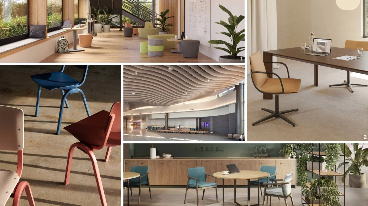 Collage of modern office spaces with seating, desks, and interior design elements.