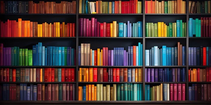 Bookshelves filled with colorful books arranged by color in a library.