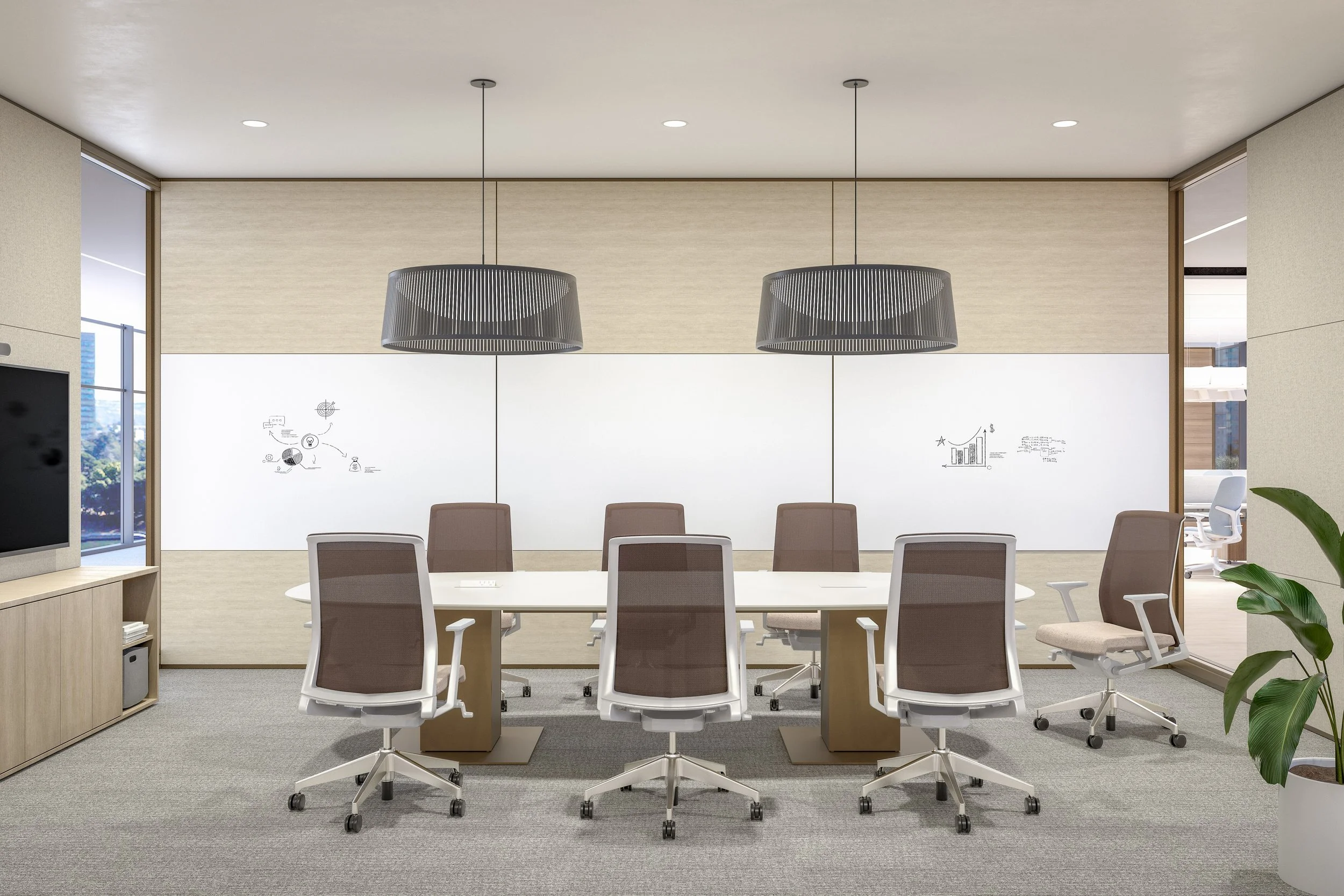 Modern conference room with a white table, eight brown office chairs, a large whiteboard with sketches, pendant lights, window with city view, TV, and a potted plant.