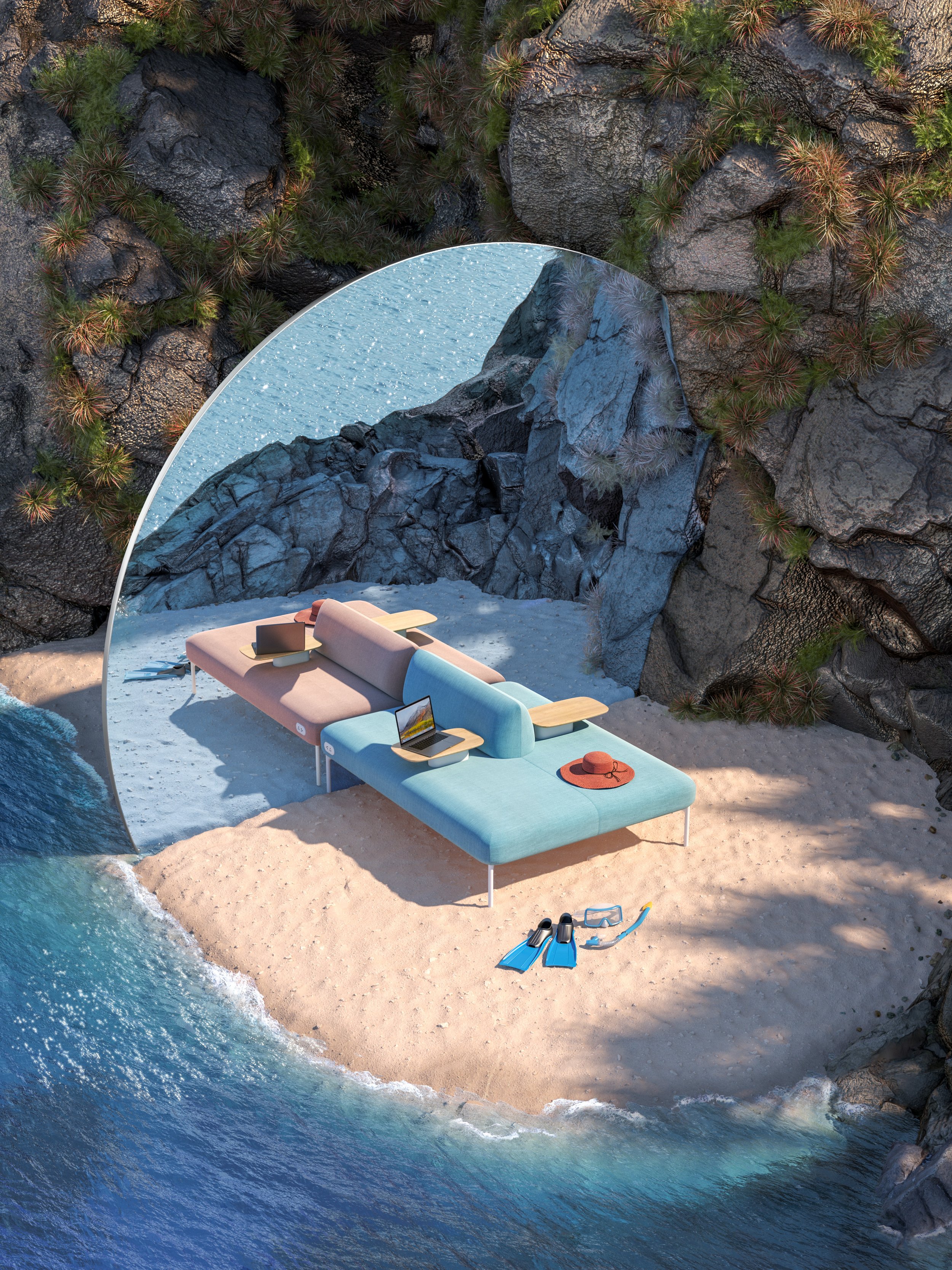 A beach scene with a modern, curved mirror reflecting a rocky cliff and ocean beyond. In front of the mirror, there are two colorful lounge chairs, each with a laptop, and beach accessories like a hat, snorkeling gear, and fins on the sand.