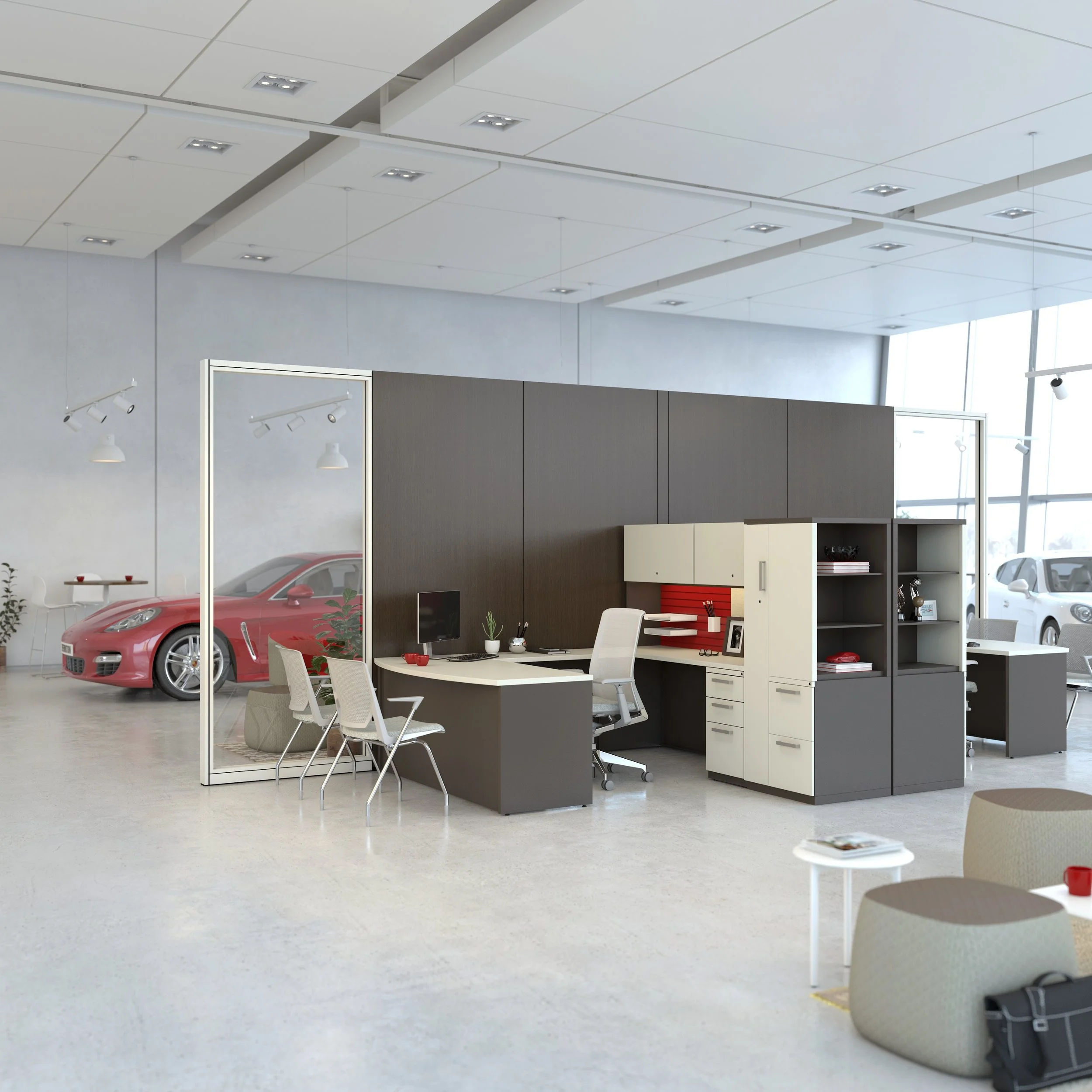 Modern car dealership showroom with a red sports car visible behind a glass partition, and contemporary office furniture including desks, chairs, and shelving units.