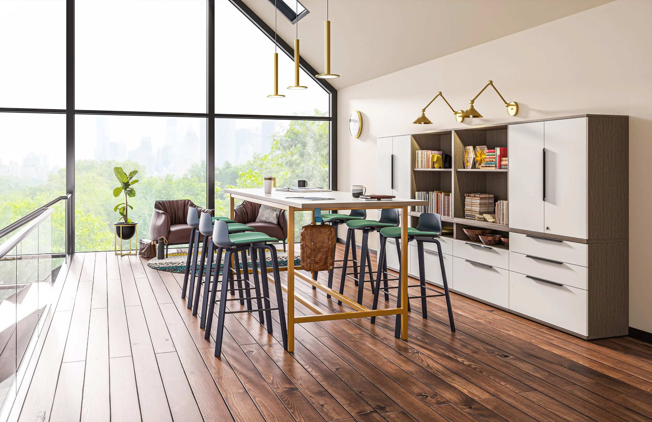 Modern office or lounge area with large floor-to-ceiling windows, wooden flooring, a white and wood storage unit, a bar-height table with stools, a leathery armchair, a potted plant, and city skyline view outside.