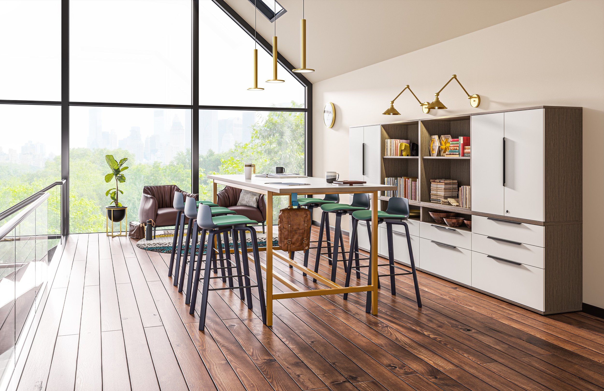 Modern apartment living area with large floor-to-ceiling windows, wooden flooring, a white and wooden storage cabinet, a high table with bar stools, and a seating area with leather chairs, a rug, and plants.
