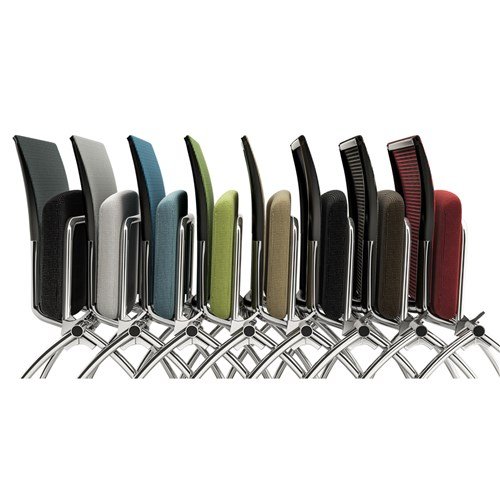 A row of modern office chairs in various colors, arranged side by side on a white background.