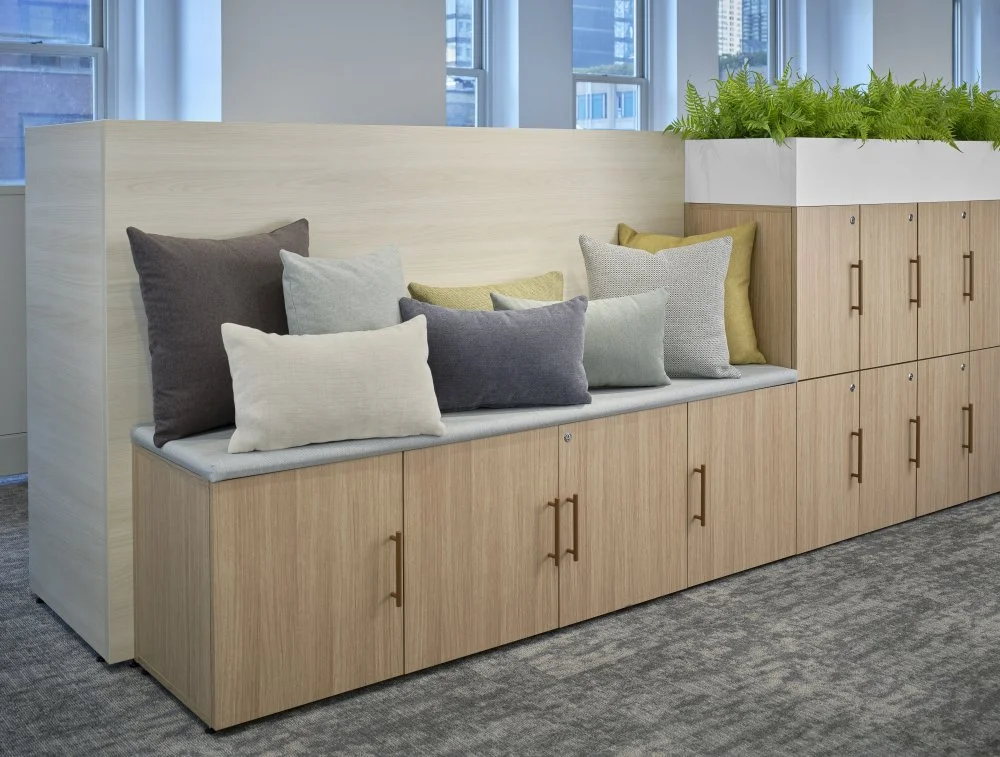 Modern office lounge area with a built-in wooden bench seating with cushions, adjacent to a storage cabinet topped with a planter box filled with greenery, large windows with a city view.